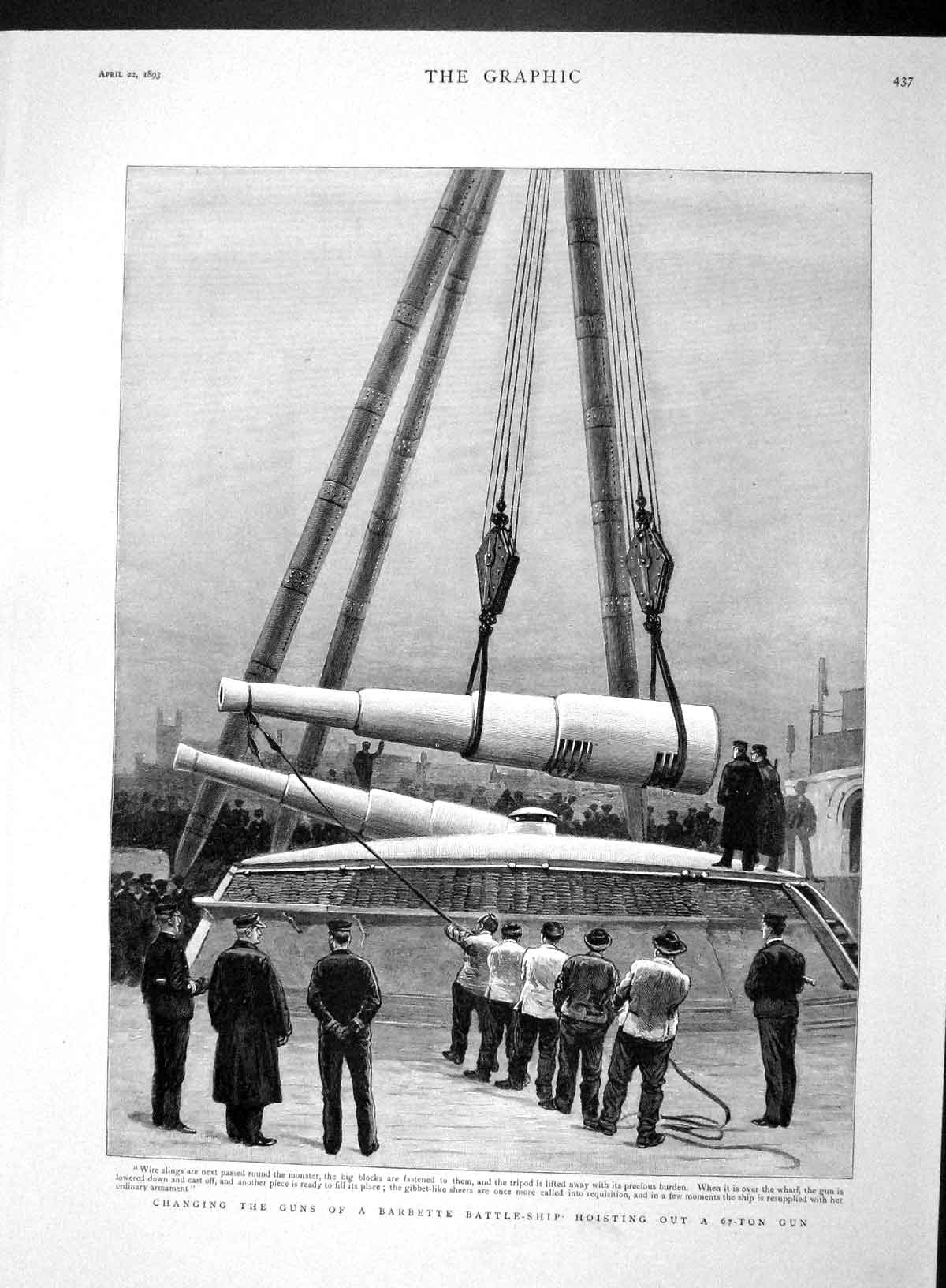 Original Old Antique Print 1893 Changing 67-Ton Gun Barbette Battle War Ship