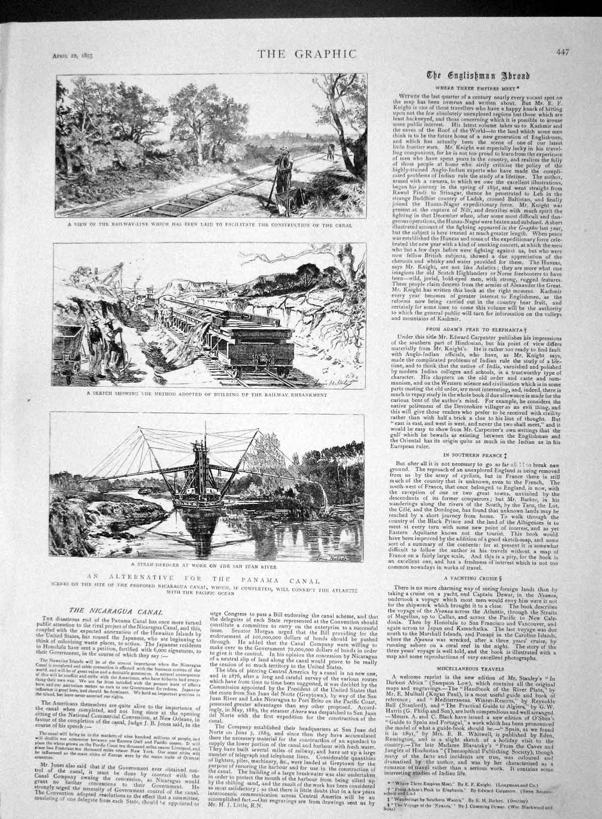 Old Antique Print 1893 Panama Canal Steam-Dredger Juan River Railway Line 19th