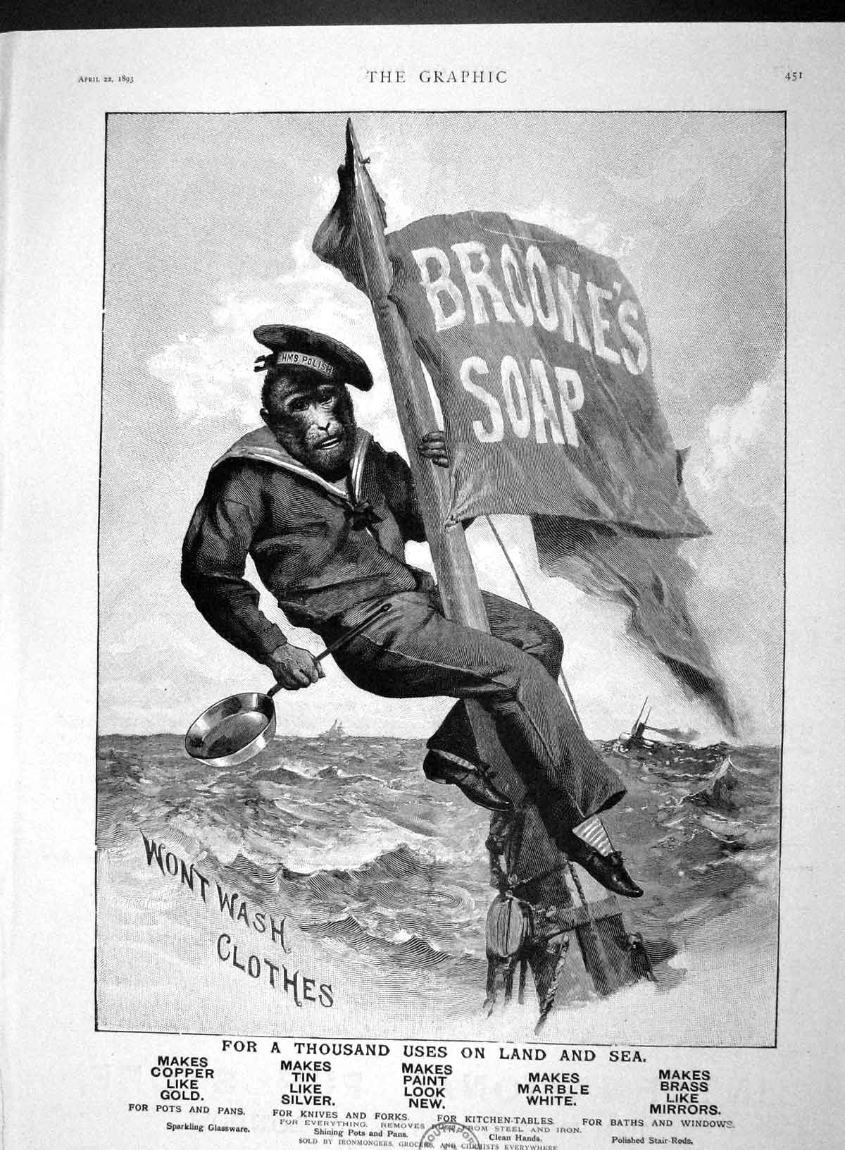 Original Old Antique Print 1893 Advertisement Brookes Monkey Brand Soap 19th