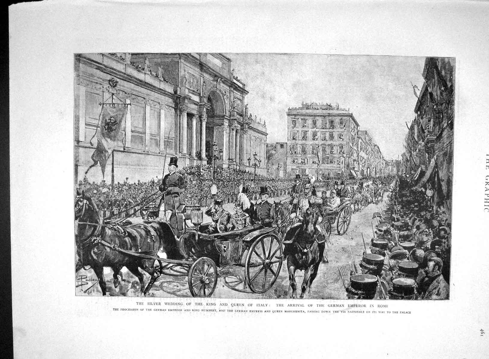 Original Old Antique Print 1893 Silver Wedding Queen Italy German Emperor Rome