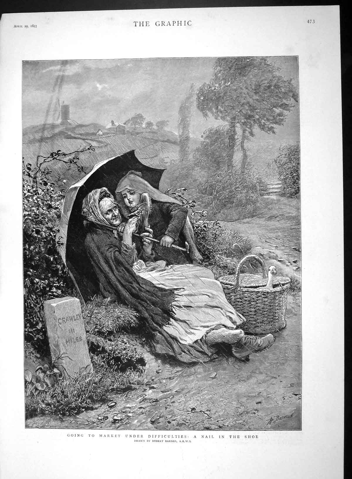 Original Old Antique Print 1893 Lady Young Girl Going To Market Nail Shoe 19th