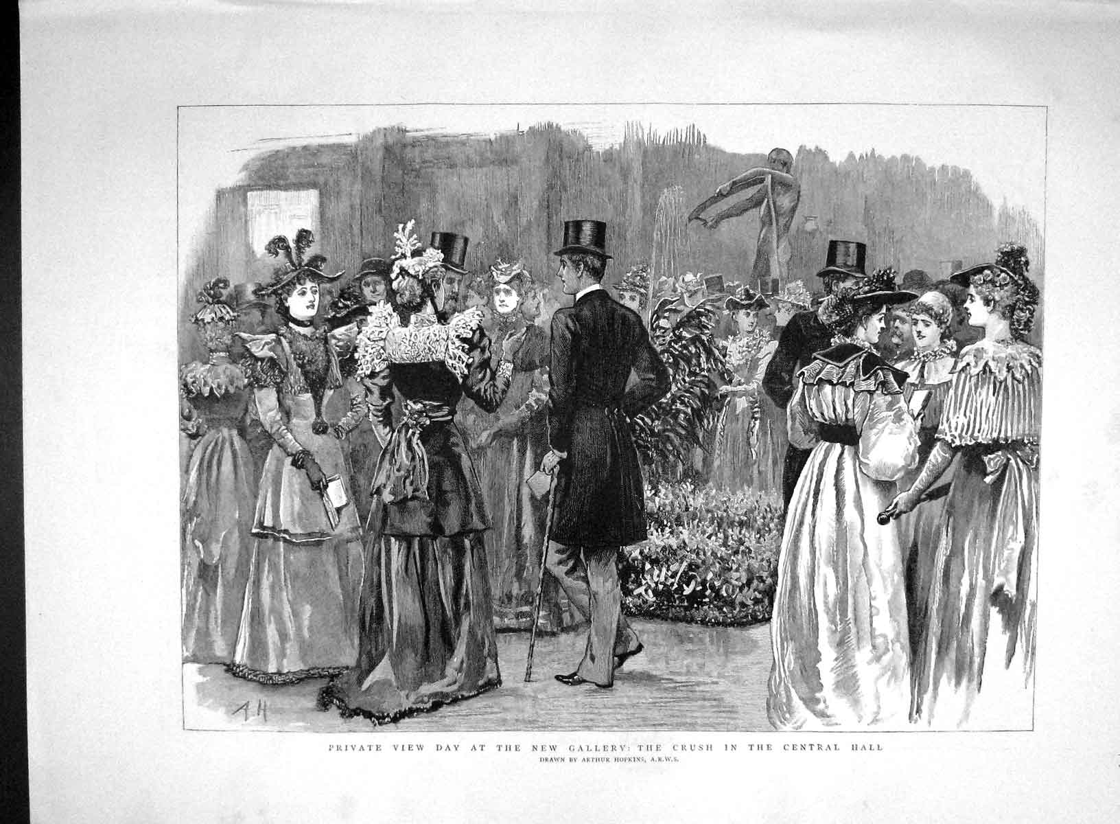 Old Antique Print 1893 Private View Day New Gallery Central Hall Hopkins 19th