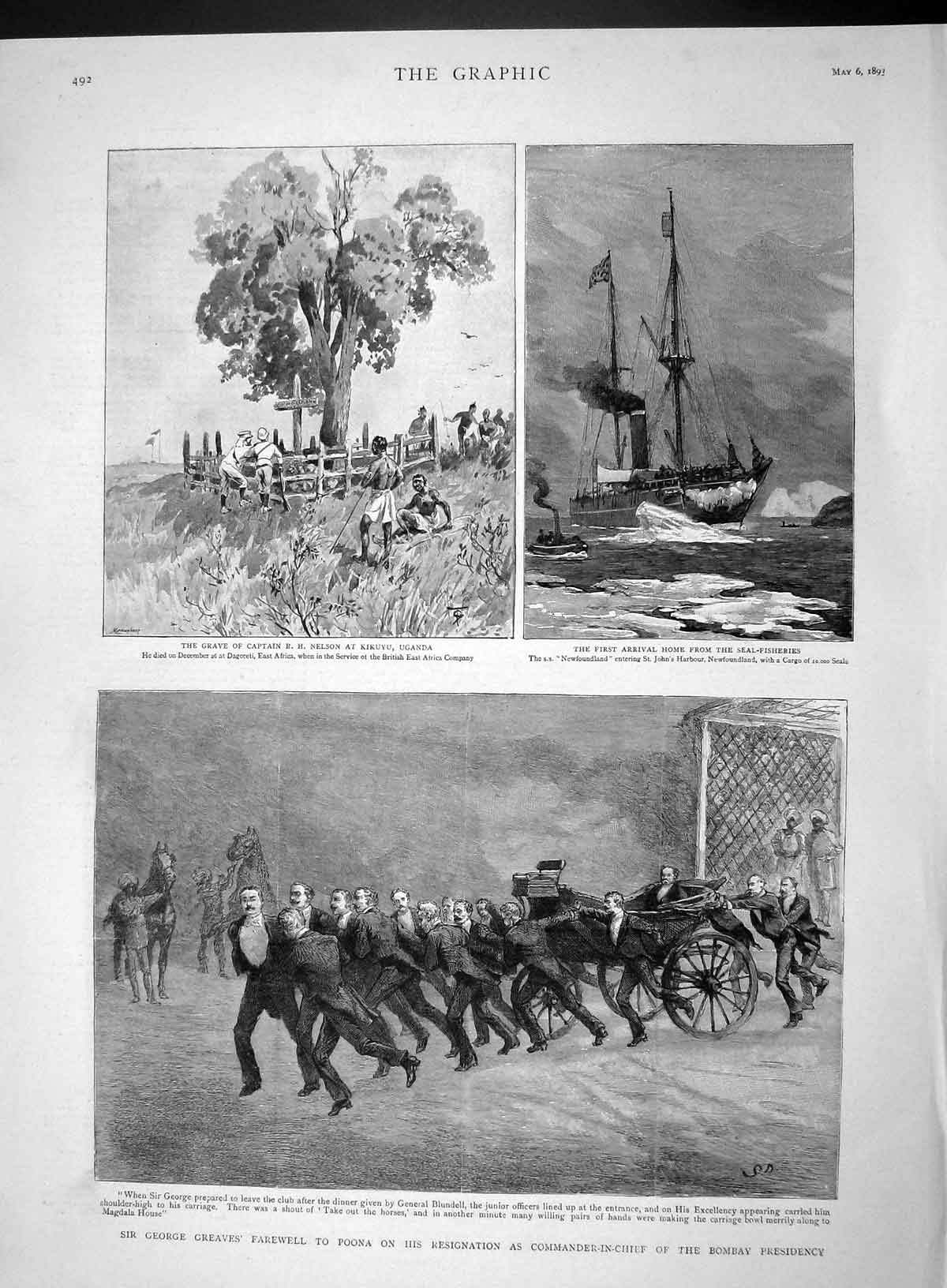 Original Old Antique Print 1893 George Greaves Poona Bombay Grave Nelson Uganda