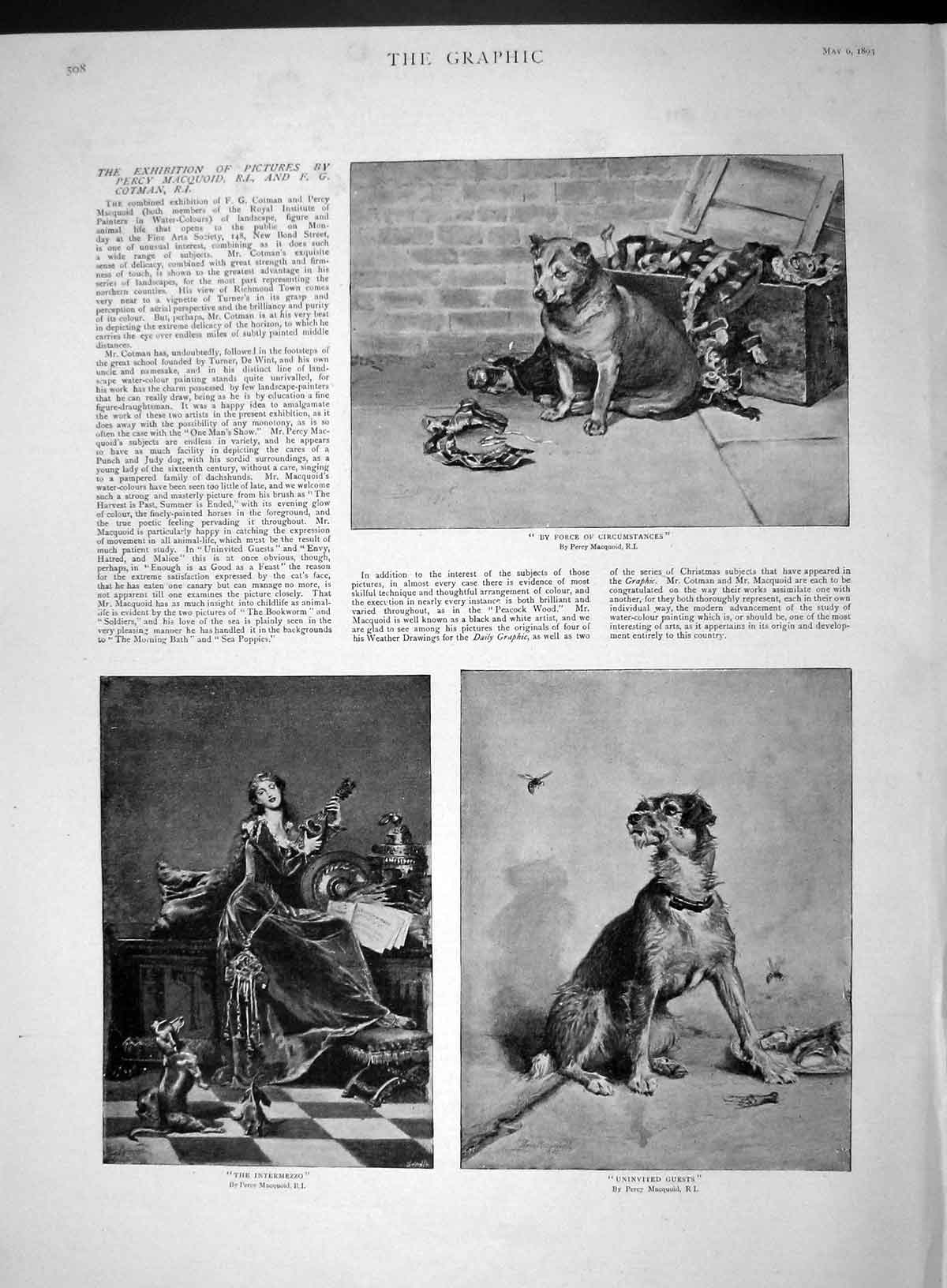 Original Old Antique Print 1893 Art Exhibition Percy Macquoid Dogs Intermezzo