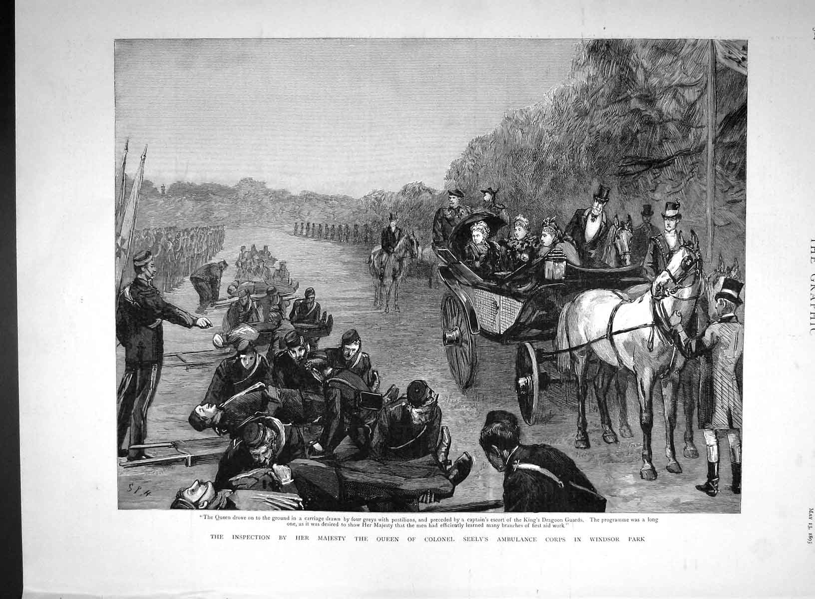Original Old Antique Print 1893 Queen Inspection Colonel Seely Ambulance Corps