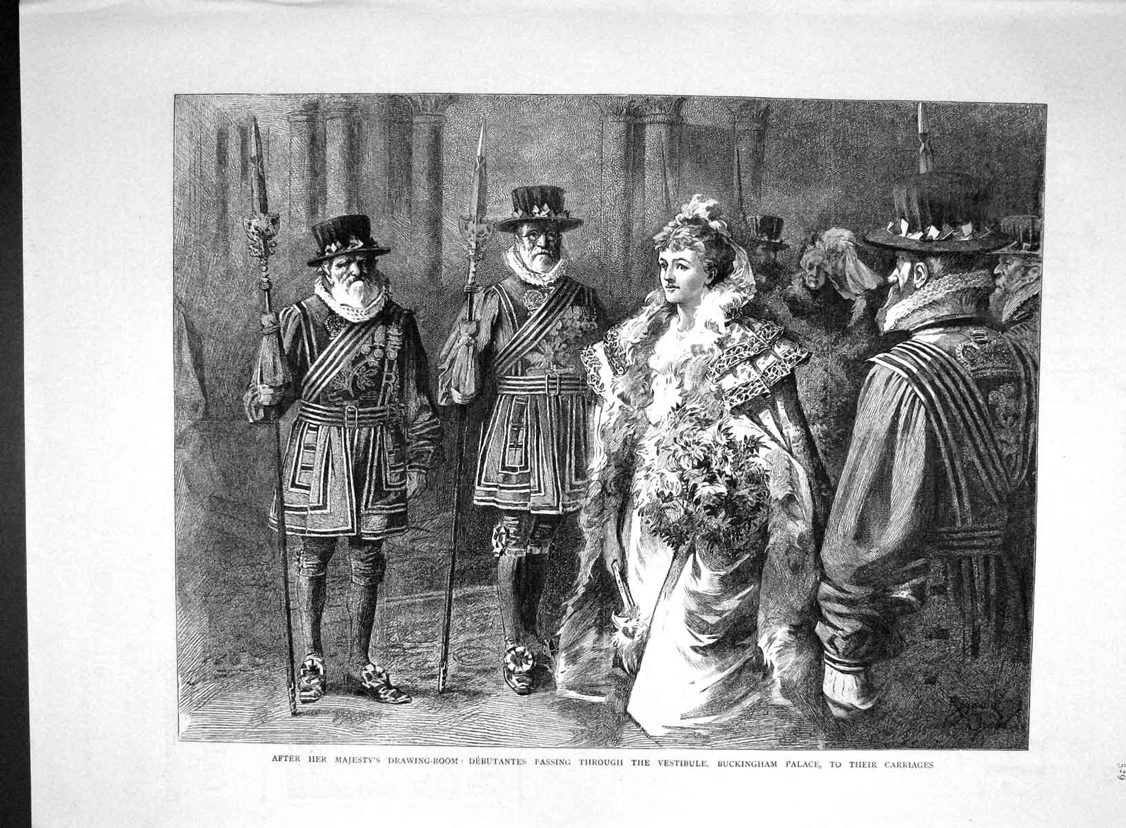 Original Old Antique Print 1893 Buckingham Palace Queen Drawing-Room Debutantes