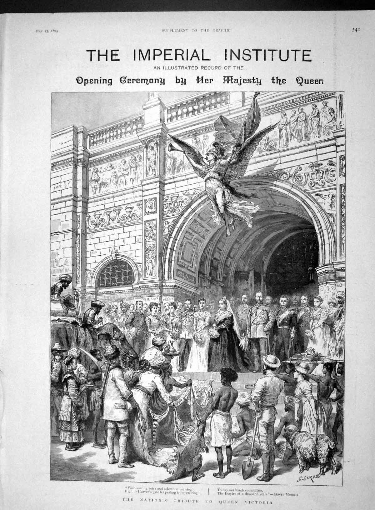 Original Old Antique Print 1893 Imperial Institute Queen Victoria Prince Wales
