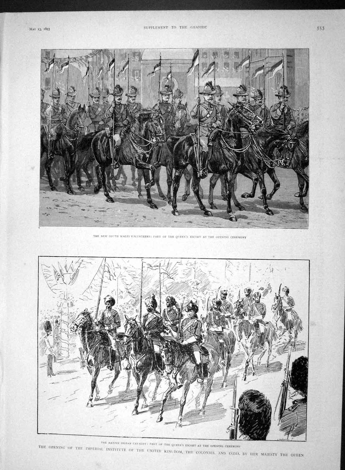 Original Old Antique Print 1893 Wales Volunteers Queen Imperial Institute Bells