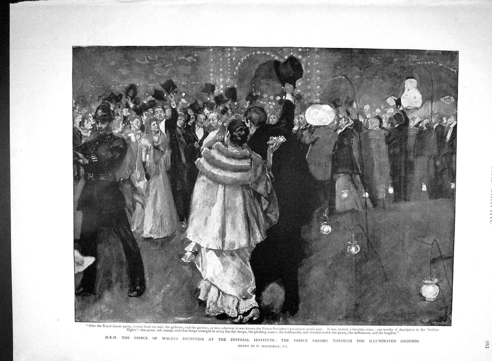 Old Antique Print 1893 Prince Wales Reception Imperial Institute Garden 19th