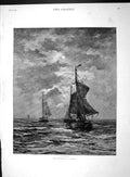 Original Old Antique Print 1893 Evening Scene Sailing Boats Moonlight Mesdag