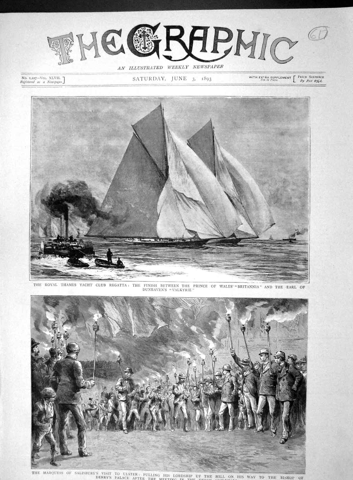Original Old Antique Print 1893 Thames Yacht Club Britannia Ulster Bishop Derry