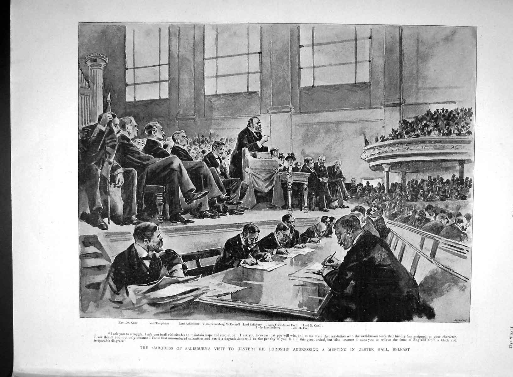 Old Antique Print 1893 Marquess Salisbury Ulster Belfast Kane Templeton 19th