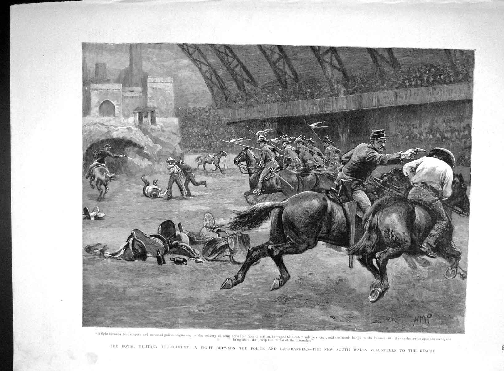 Old Antique Print 1893 Military Tournament Fight Police Bushrangers Horse 19th