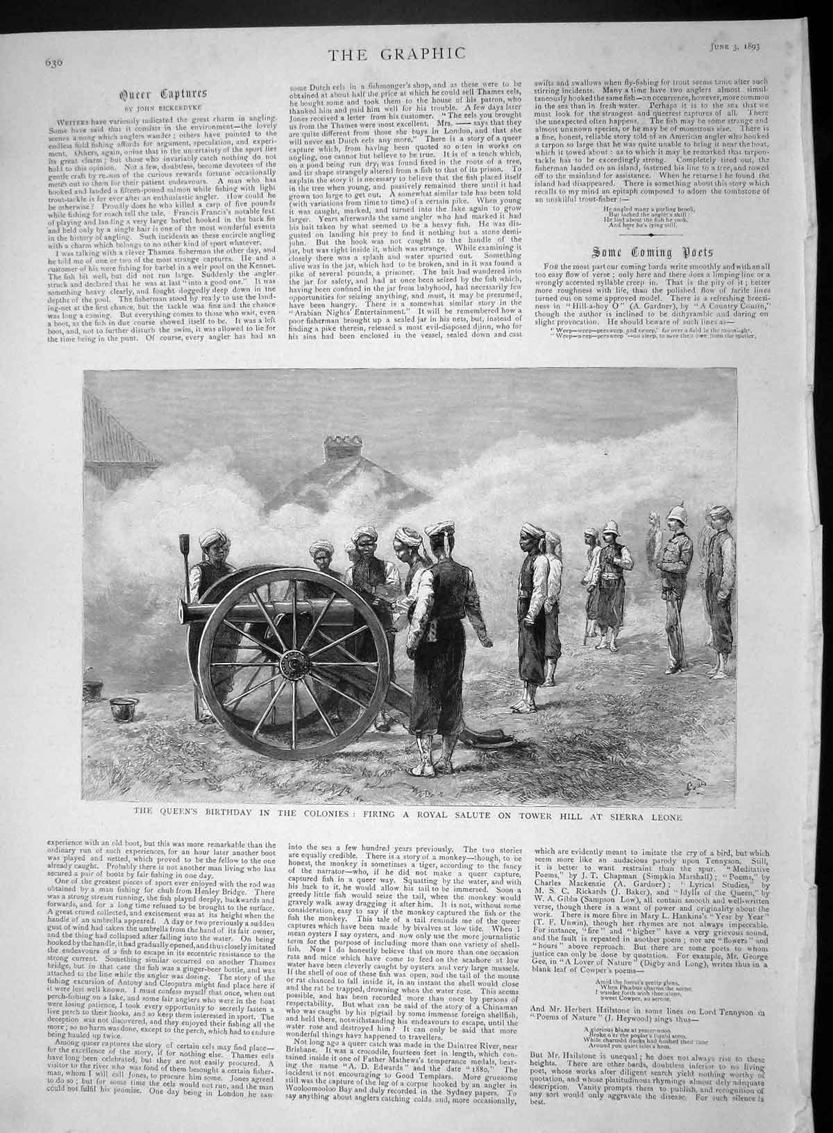 Original Old Antique Print 1893 Queen Birthday Firing Salute Tower Sierra Leone