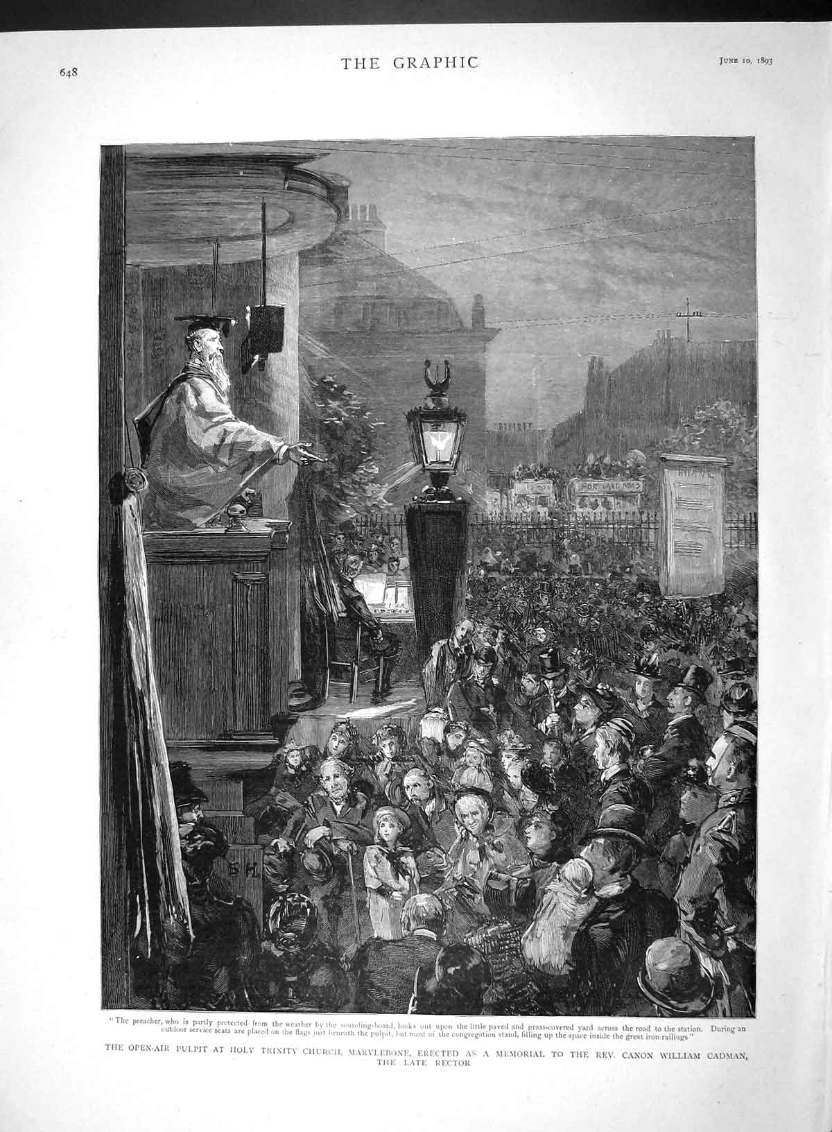 Old Antique Print 1893 Open-Air Pulpit Trinity Church Marylebone Cadman 19th