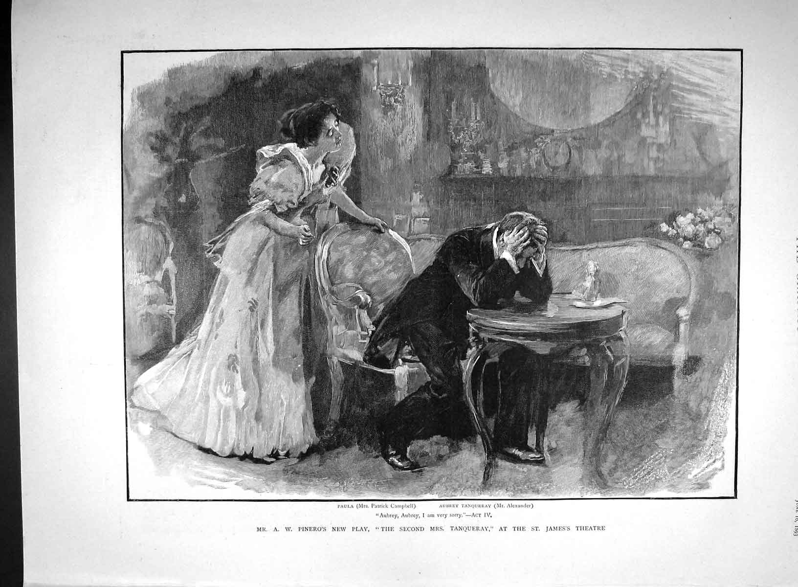 Old Antique Print 1893 Pinero Tanqueray James Theatre Campbell Alexander 19th