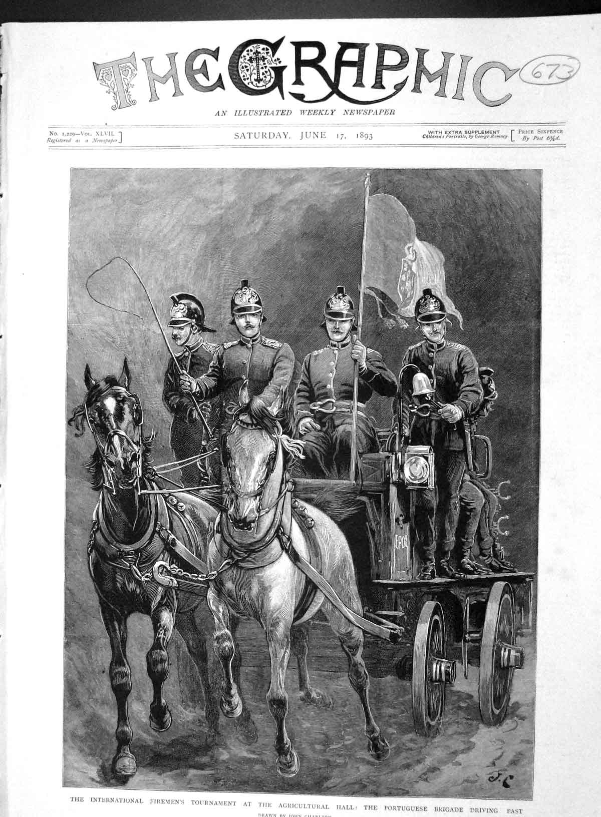 Old Antique Print 1893 Firemen Tournament Portuguese Brigade Agricultural 19th