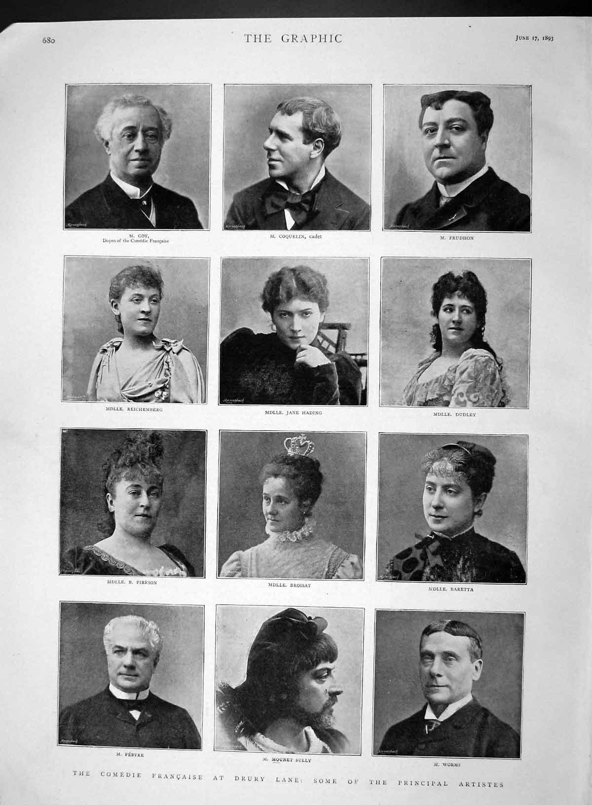 Old Antique Print 1893 Drury Theatre Sully Broisat Comedie Francaise Got 19th