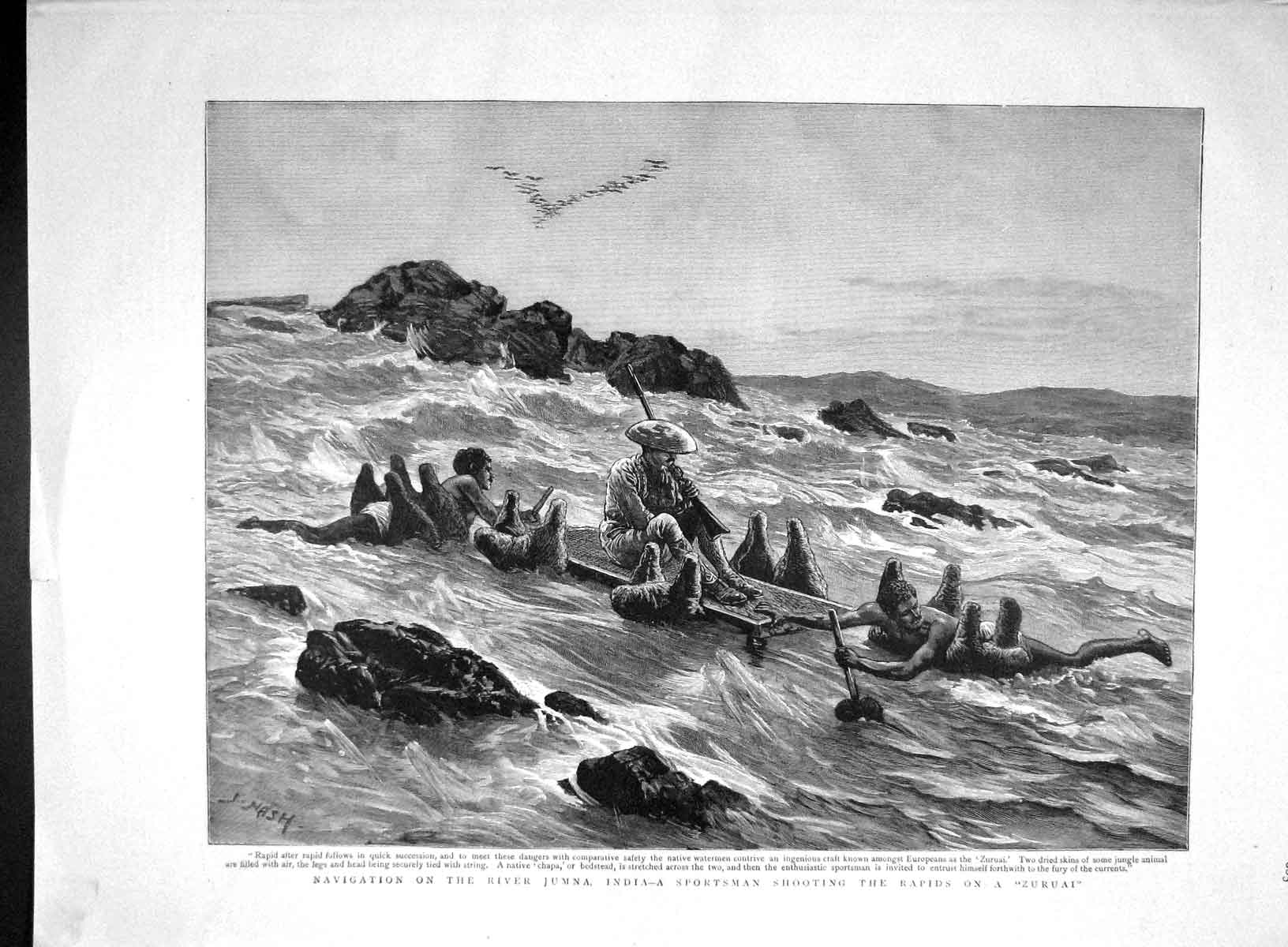 Old Antique Print 1893 River Jumna India Sportsman Shooting Rapids Zuruai 19th