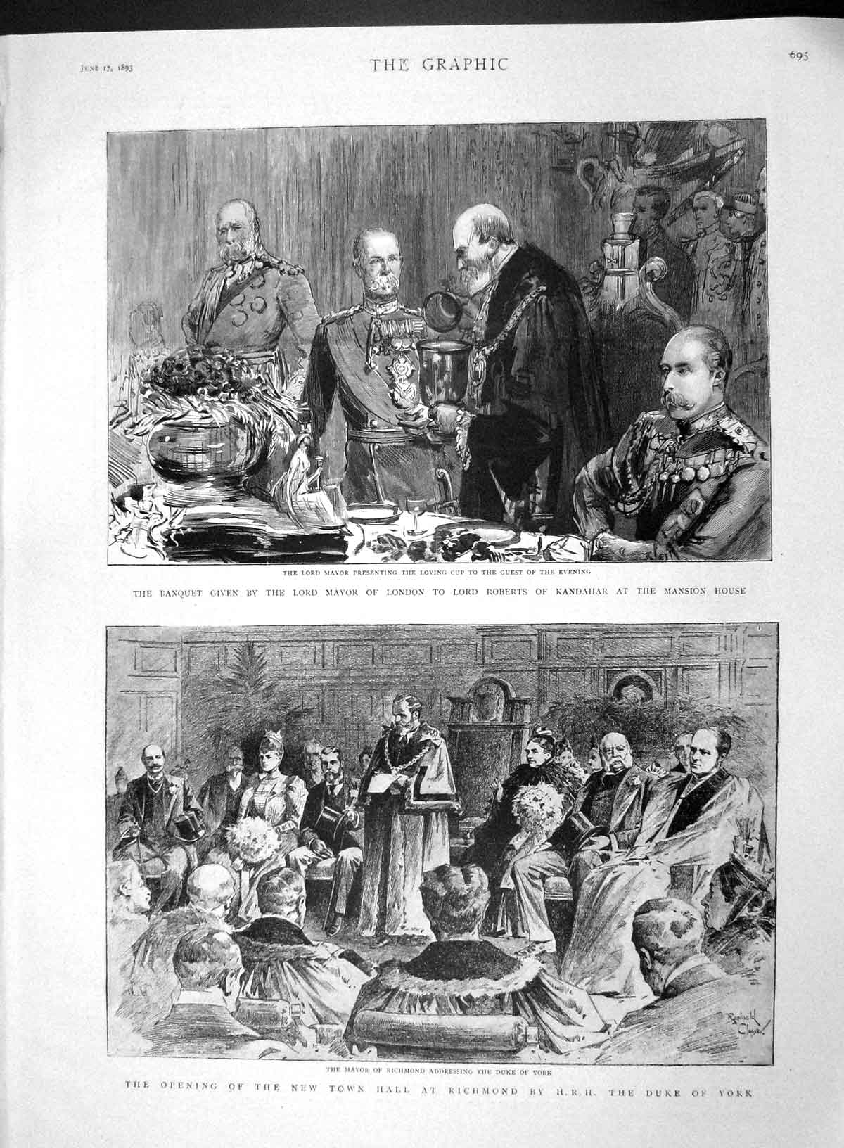 Original Old Antique Print 1893 Banquet Lord Mayor London Roberts Richmond York