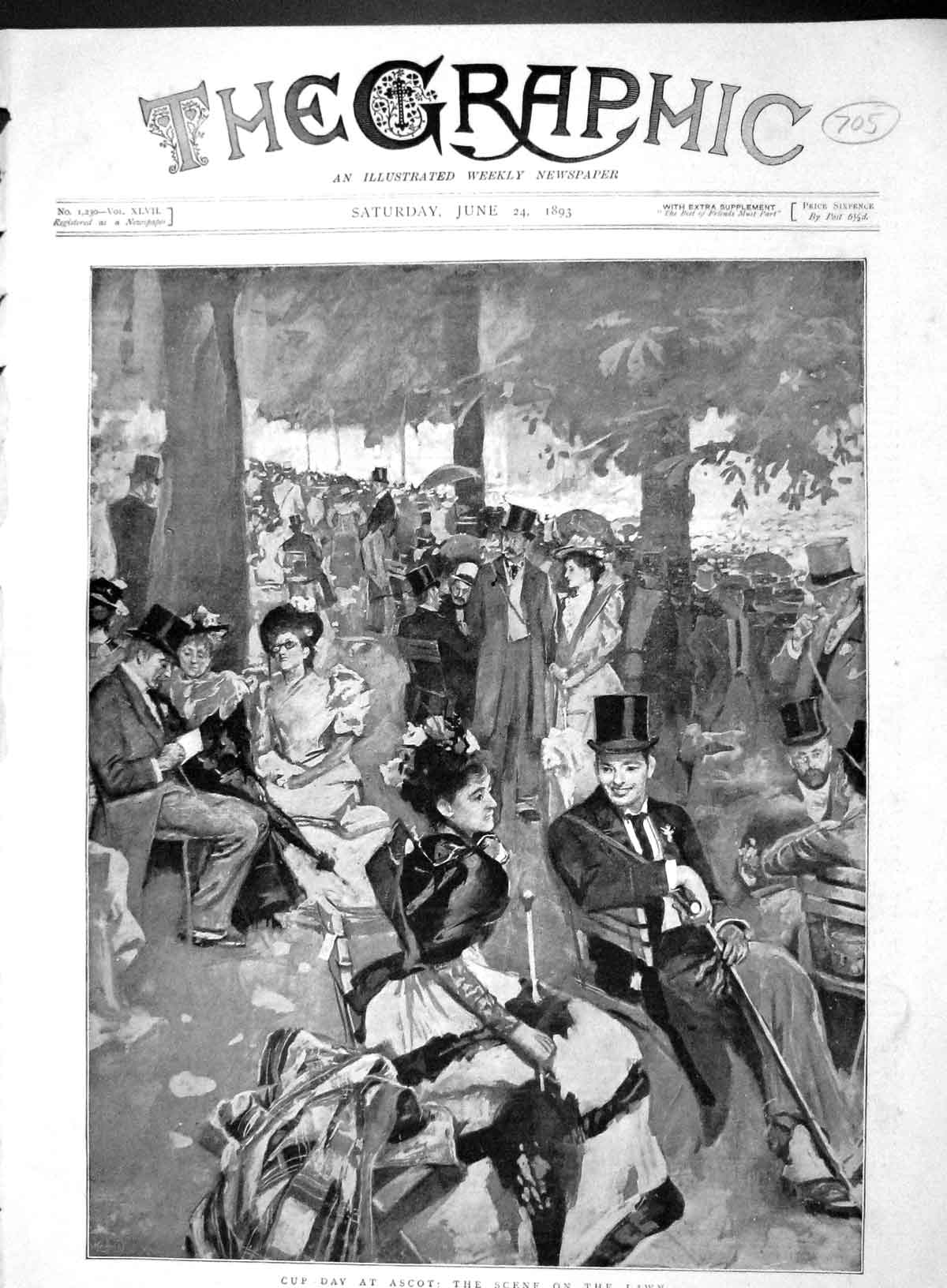 Old Antique Print 1893 Cup Day Ascot Horse Racing Lawn Spectators Sport 19th