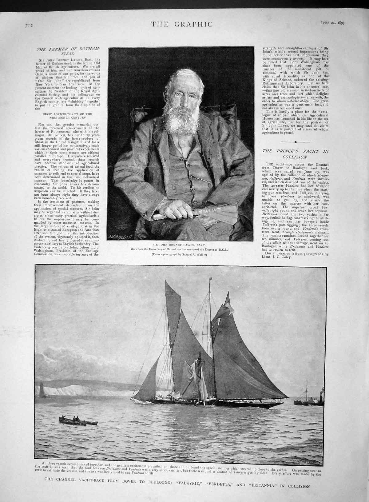 Original Old Antique Print 1893 John Bennet Lawes Channel Yacht Race Valkyrie