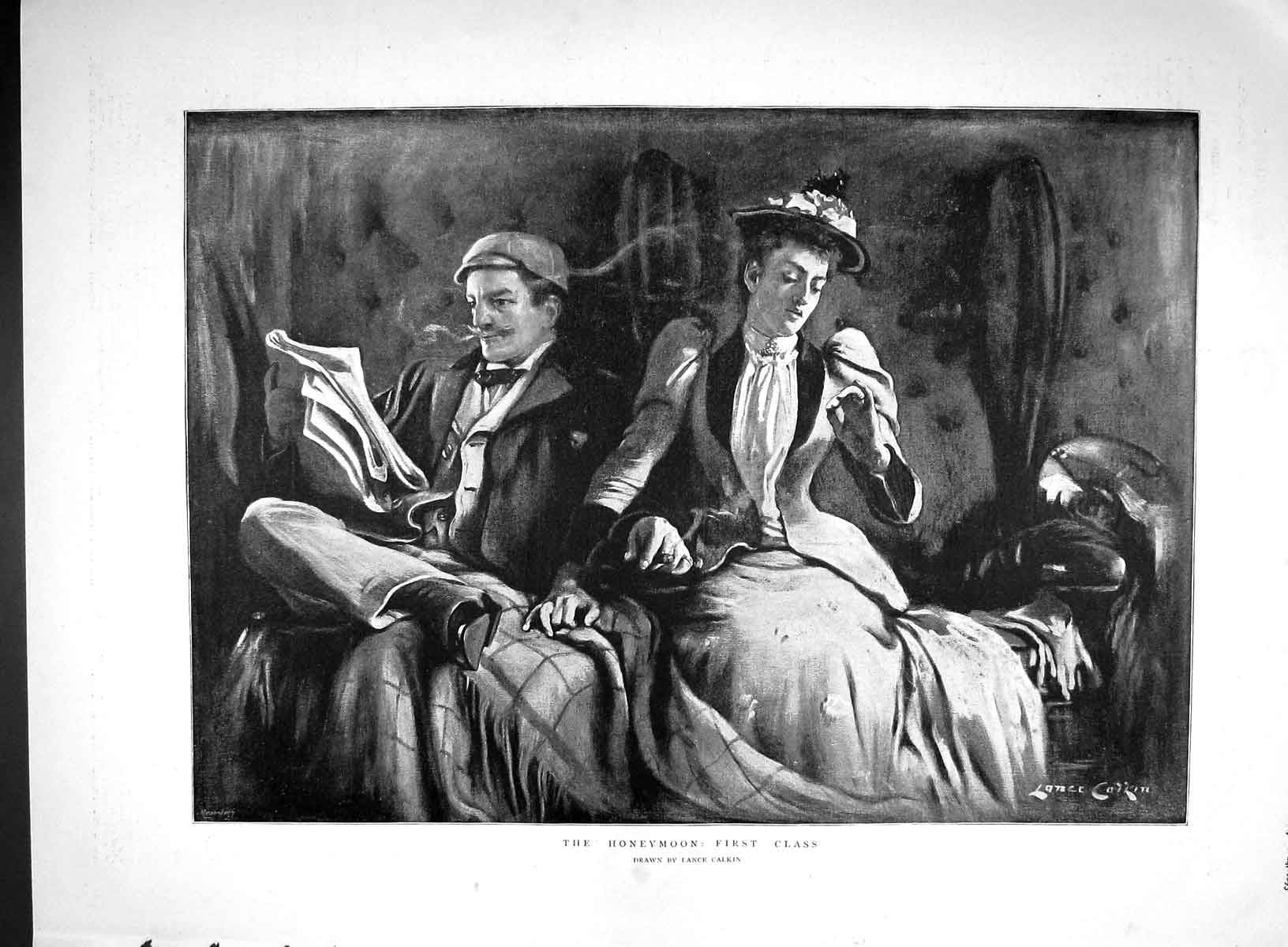 Original Old Antique Print 1893 First Class Train Journey Honeymoon Victorian