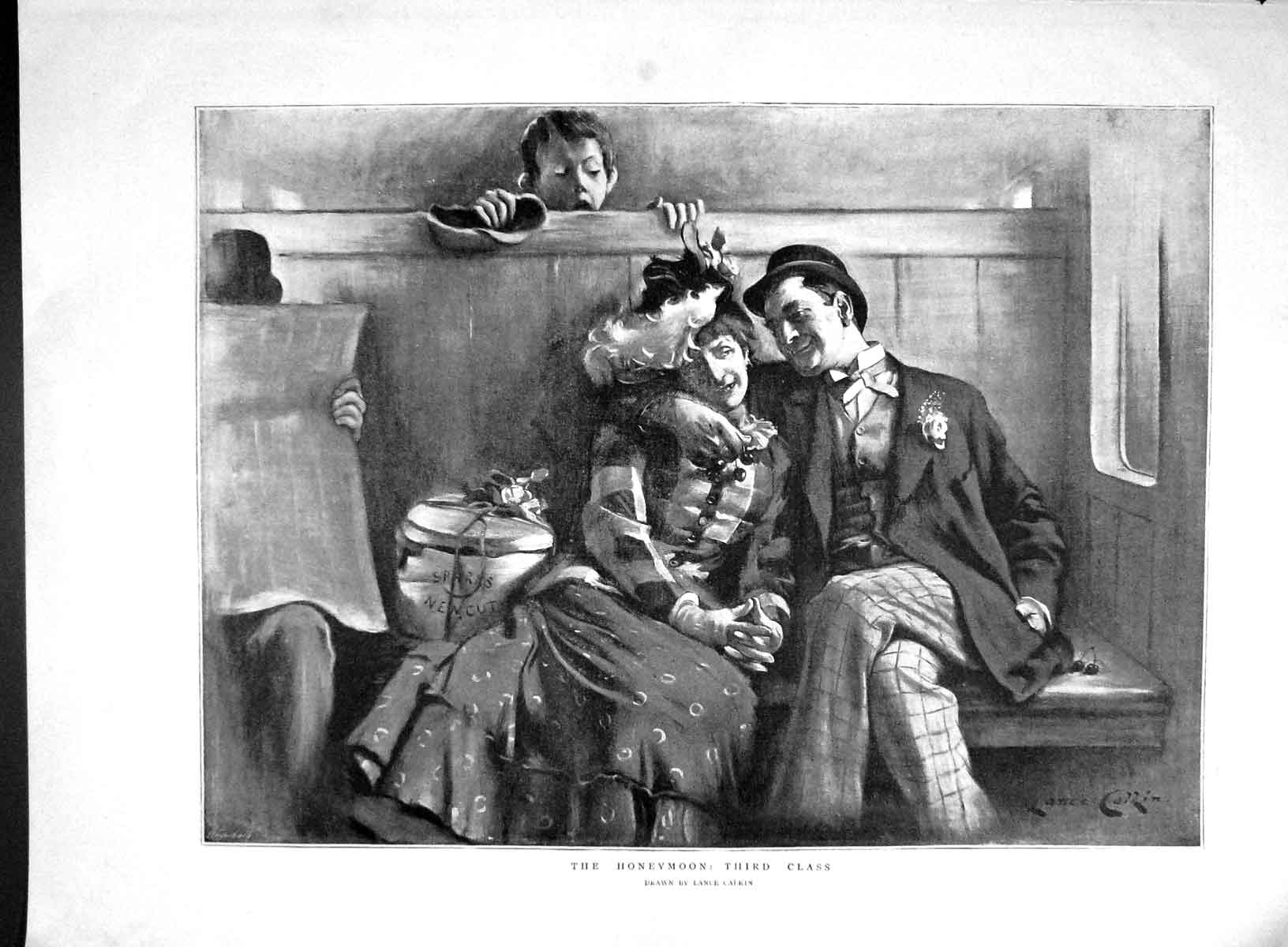 Original Old Antique Print 1893 Third Class Train Journey Honeymoon Victorian