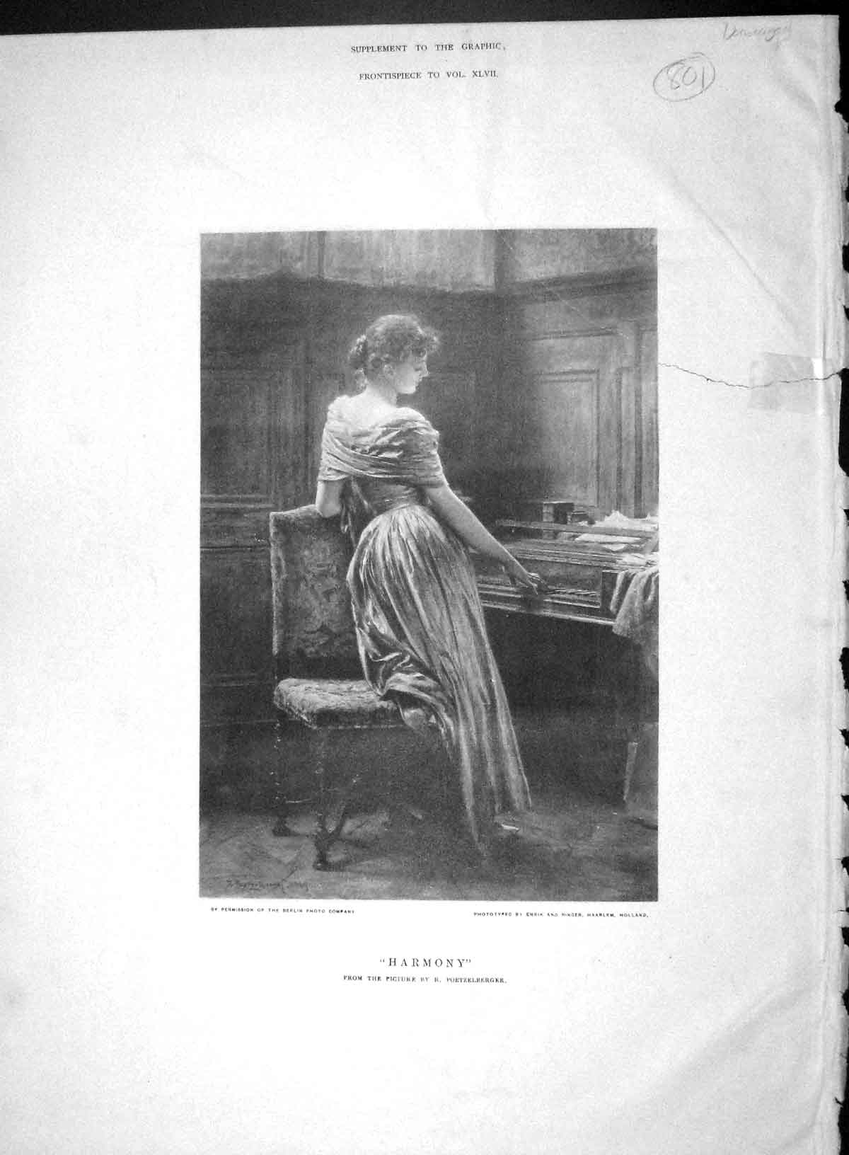 Original Old Antique Print Damaged 1893 Harmony Lady Music Piano Fine Art 19th