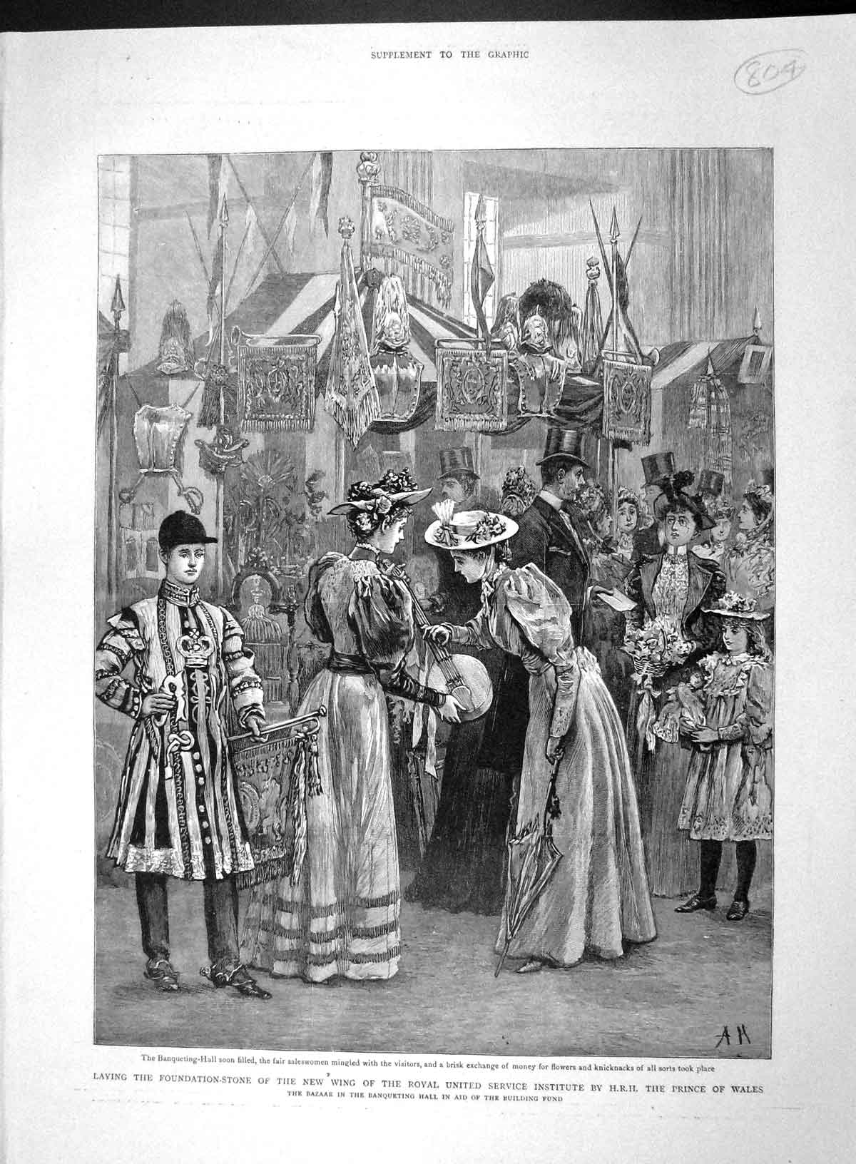 Original Old Antique Print 1893 Prince Wales Foundation United Institute Bazaar