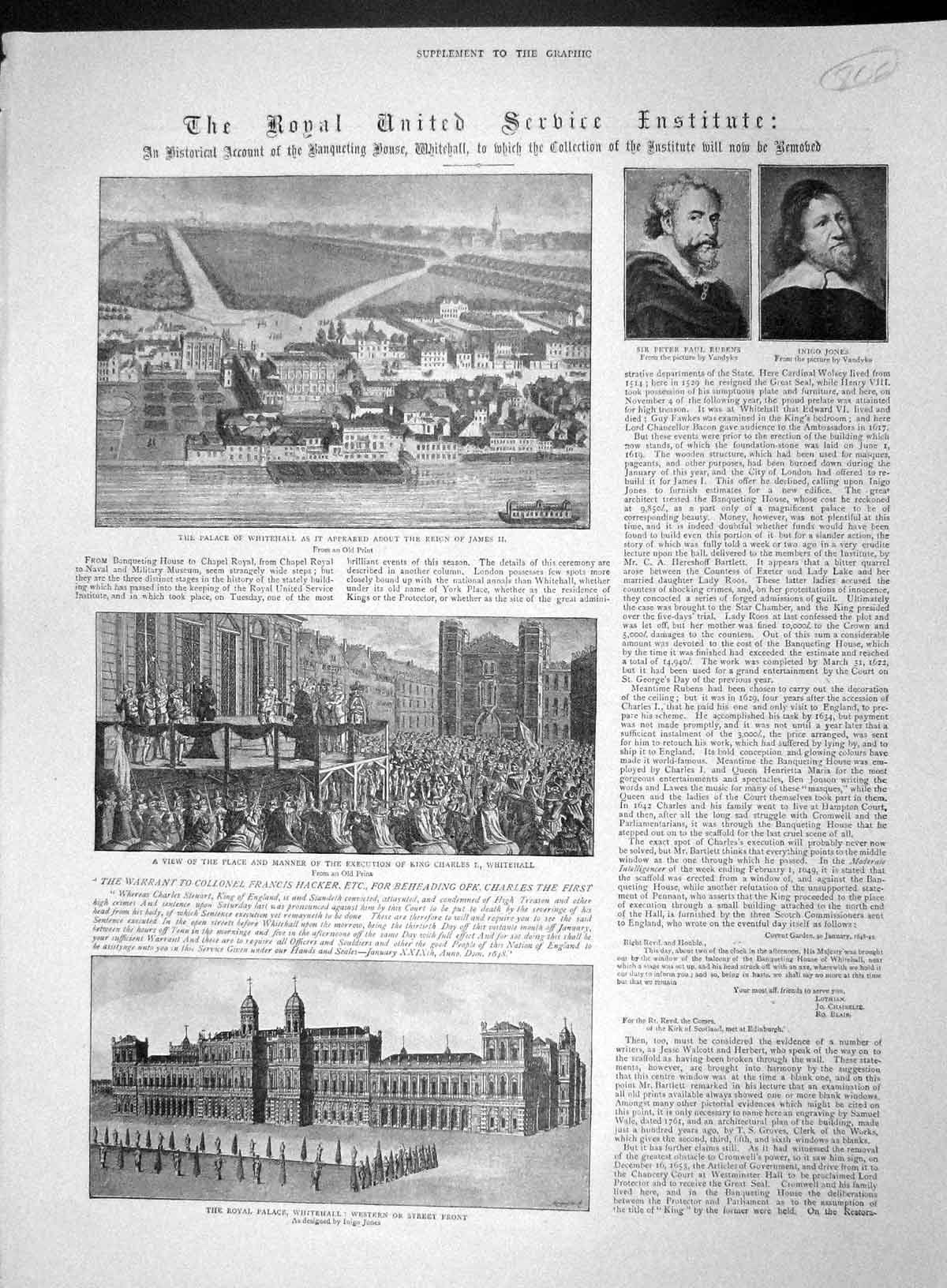 Old Antique Print 1893 Palace Whitehall Peter Rubens Jones King Charles 19th