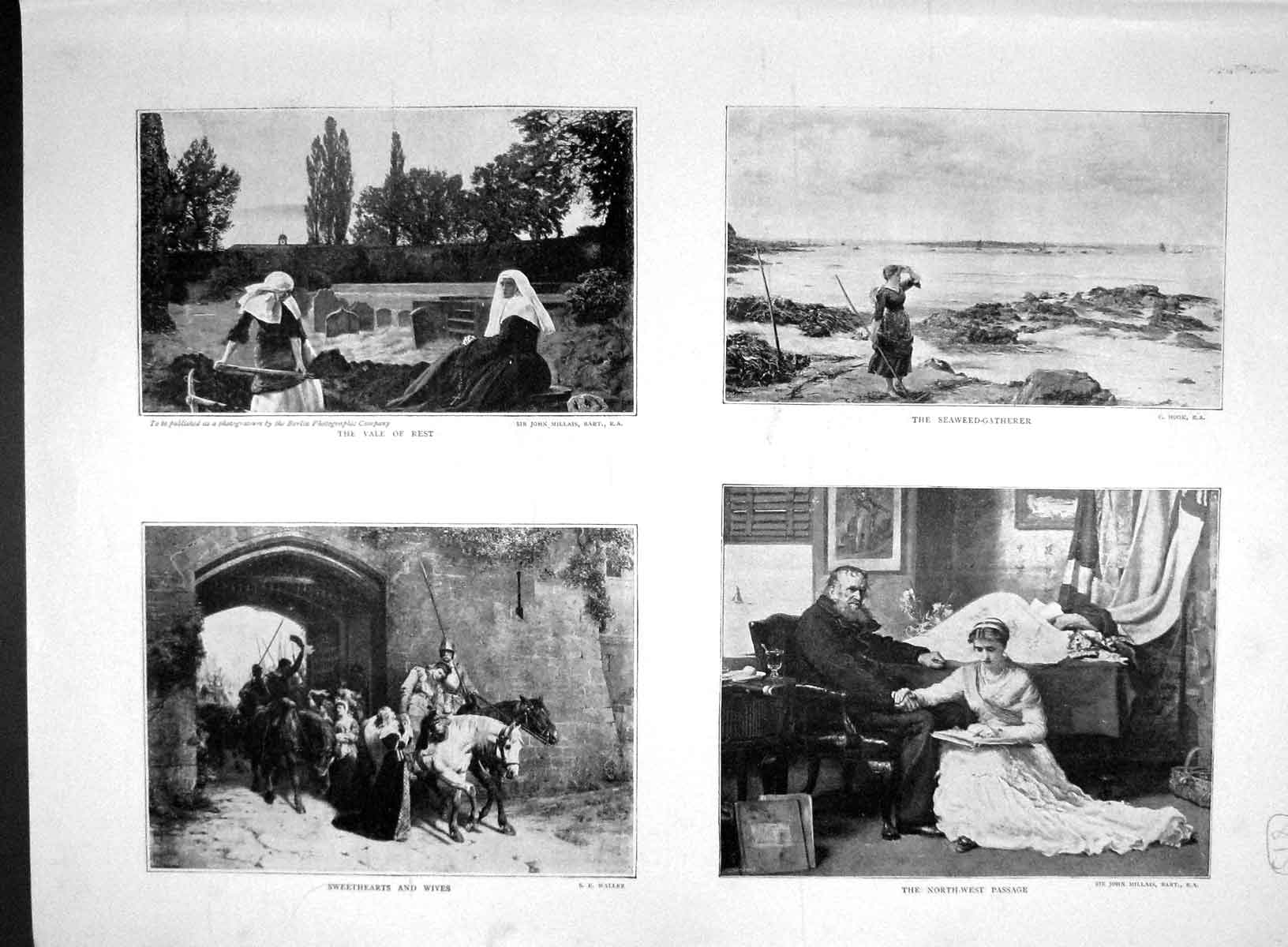 Original Old Antique Print 1893 Henry Tate Art Llugwy Dogs Church Romance Beach