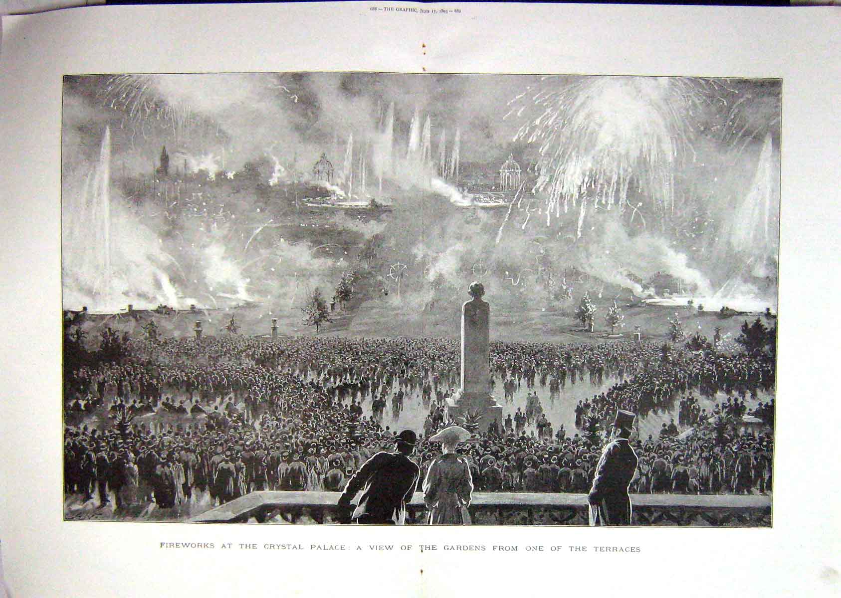 Original Old Antique Print 1893 Fireworks Crystal Palace Gardens Terraces 19th