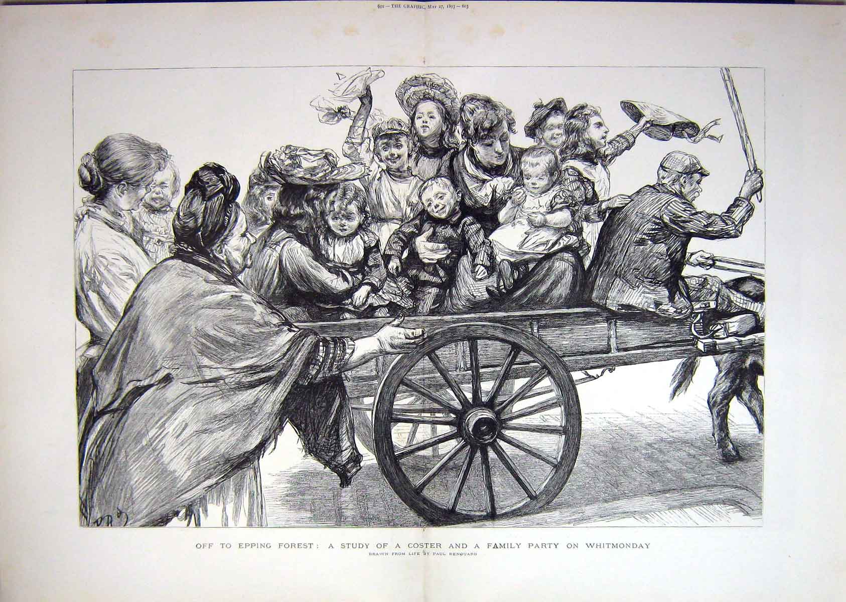 Original Old Antique Print 1893 Epping Forest Coster Family Party Whitmonday