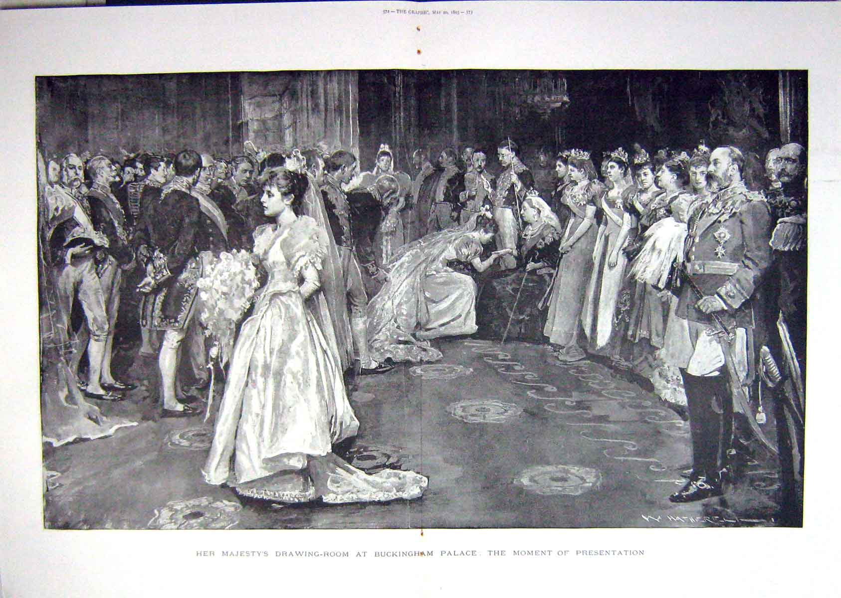 Original Old Antique Print 1893 Queen Drawing Room Buckingham Palace Fine Art