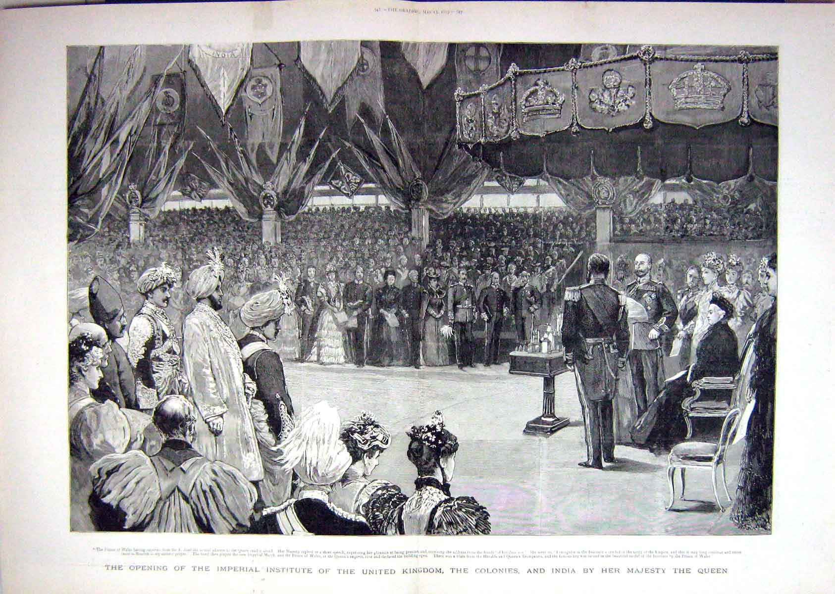 Original Old Antique Print 1893 Imperial Institute United Kingdom Queen Prince