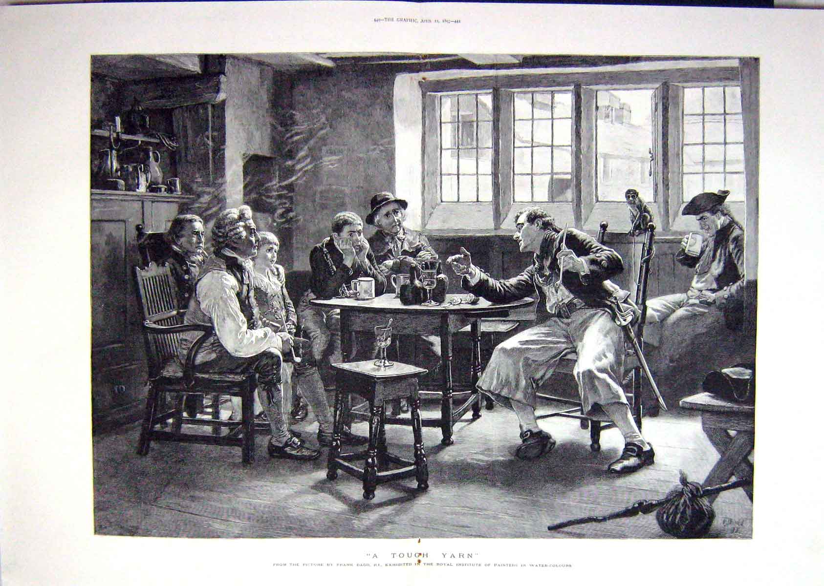 Original Old Antique Print 1893 Tough Yarn Men Story Public House Inn Dadd Art