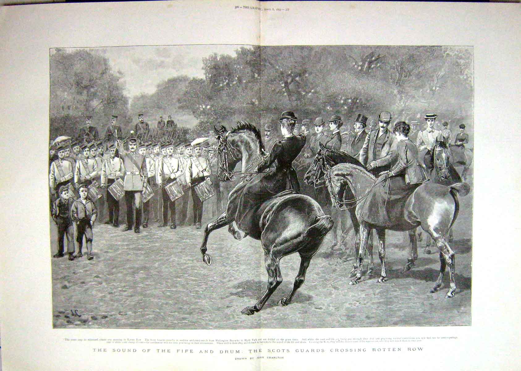 Original Old Antique Print 1893 Scots Guards Rotten Row Fife Drum Wellington