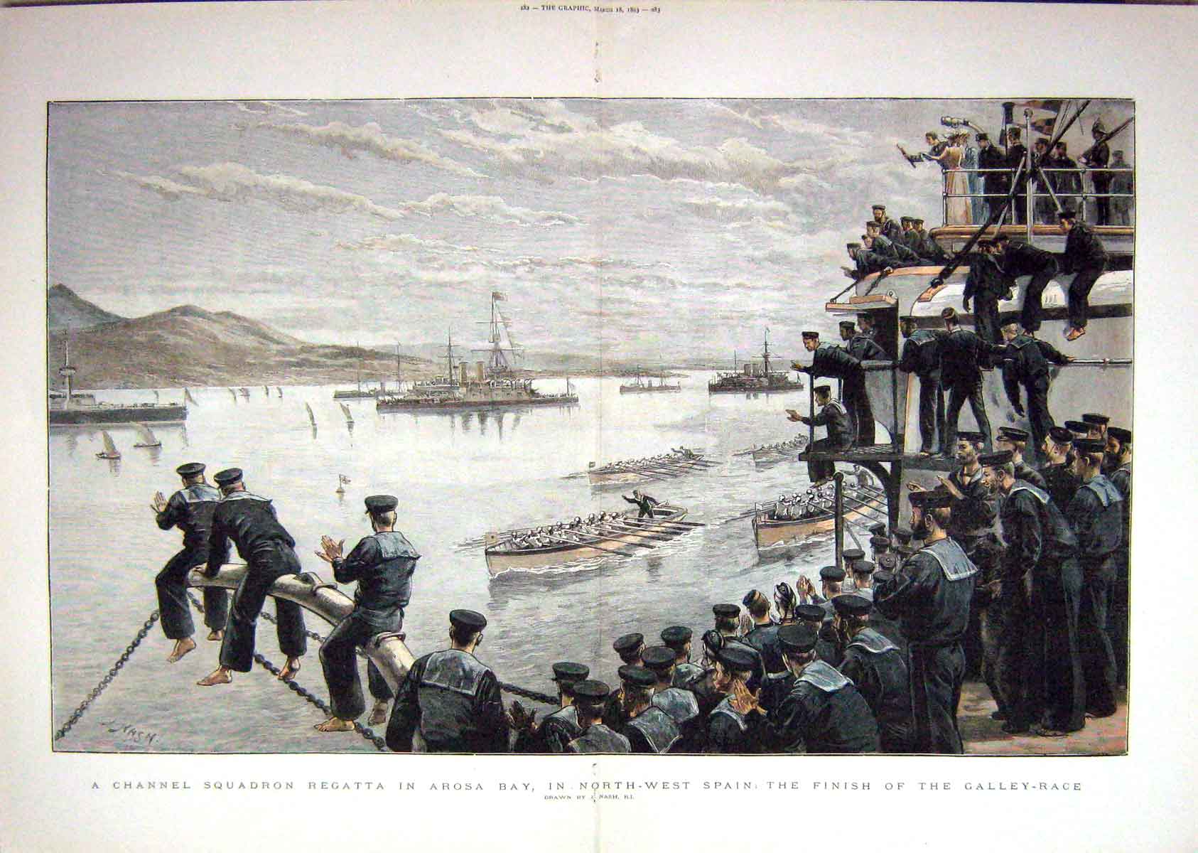 Original Old Antique Print 1893 Channel Squadron Regatta Arosa Bay Spain Race