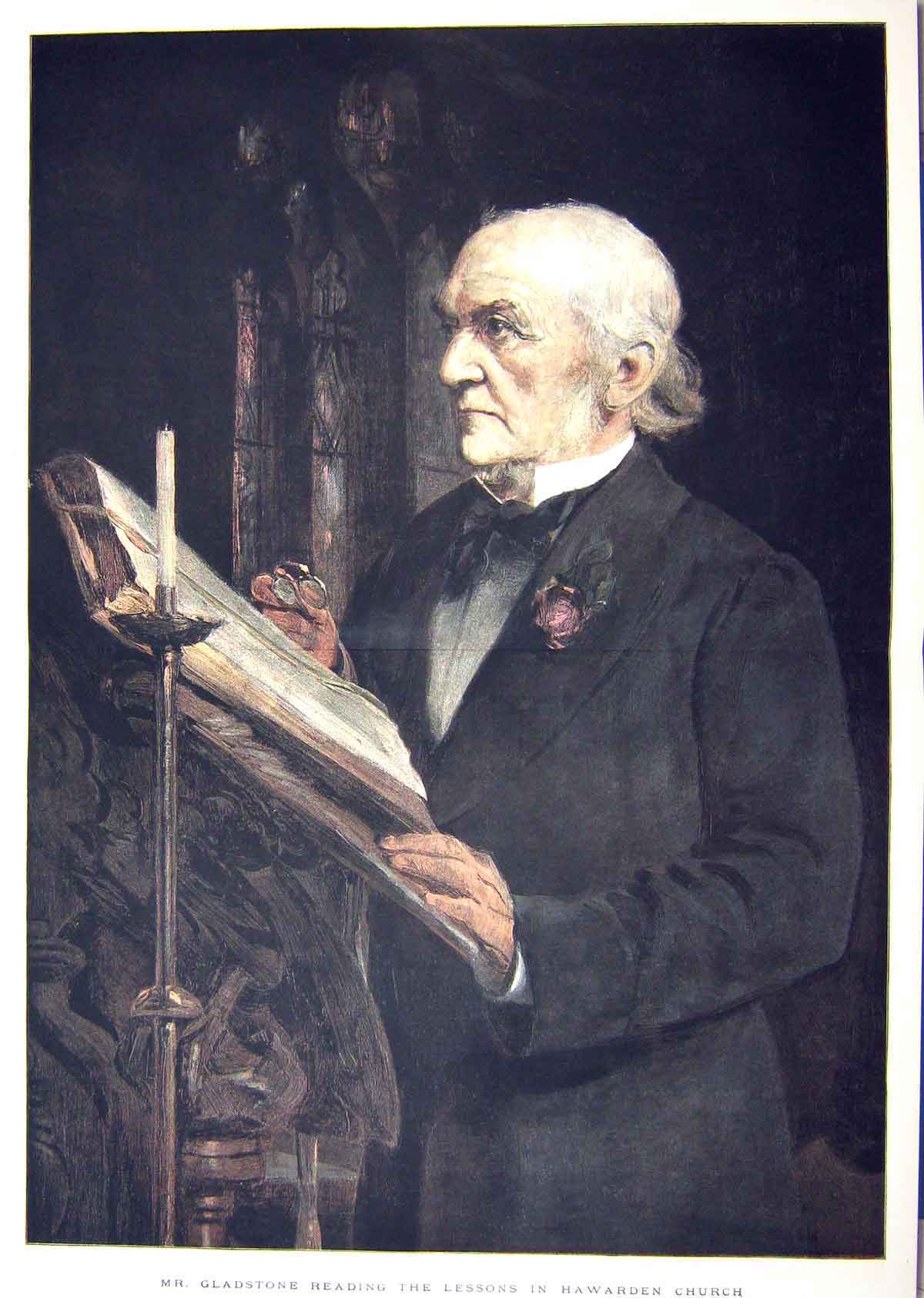 Original Old Antique Print 1893 Portrait Mr. Gladstone Lessons Hawarden Church