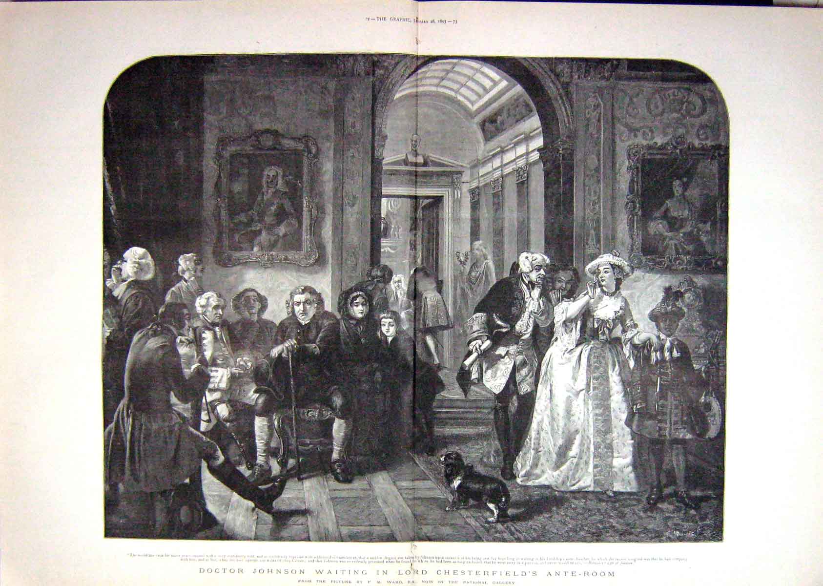 Original Old Antique Print 1893 Doctor Johnson Lord Chesterfield Ante-Room
