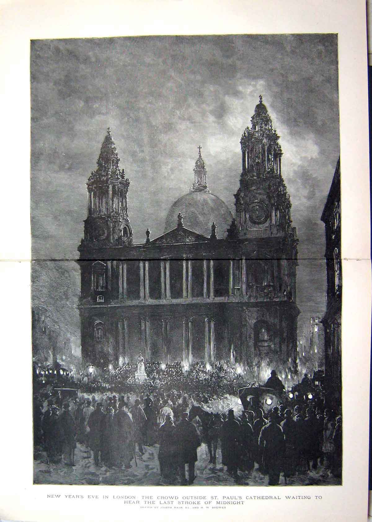 Original Old Antique Print 1893 New Year'S Eve London St. Paul'S Cathedral Art