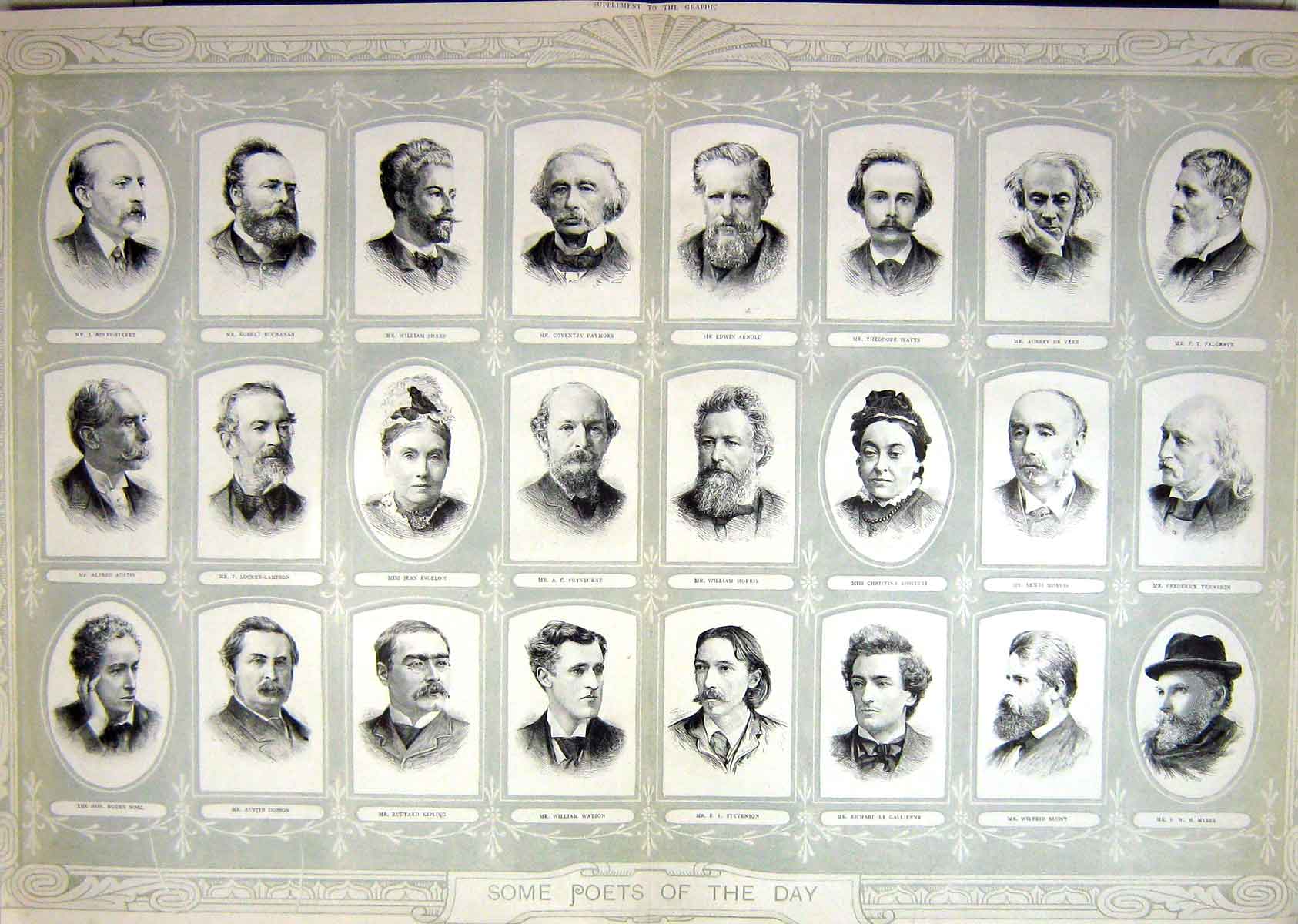 Old Antique Print 1893 Poets Watson Morris Sharp Dobson Blunt Tennyson 19th
