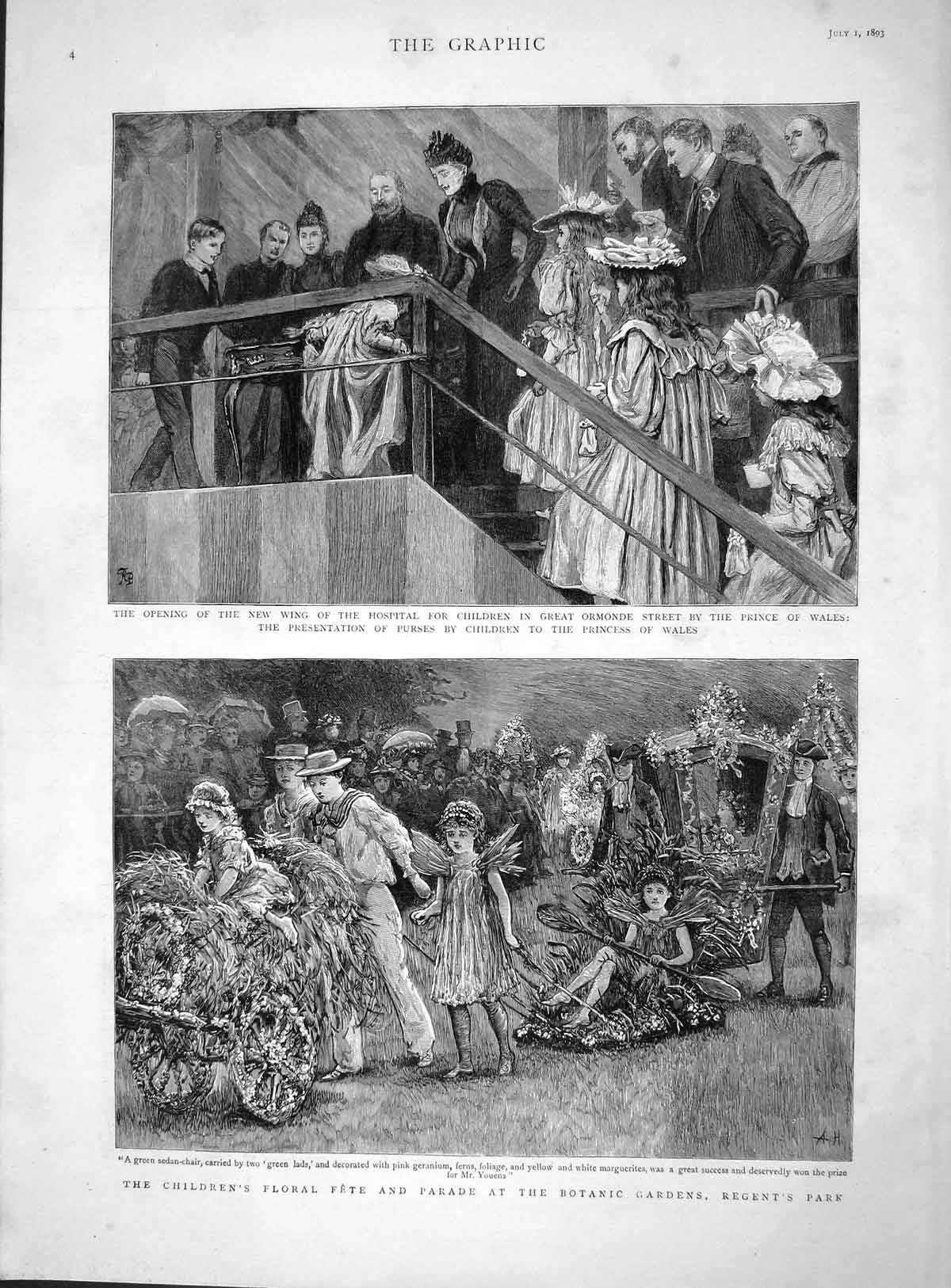 Old Antique Print 1893 Children Floral Gardens Regent'S Hospital Ormonde 19th