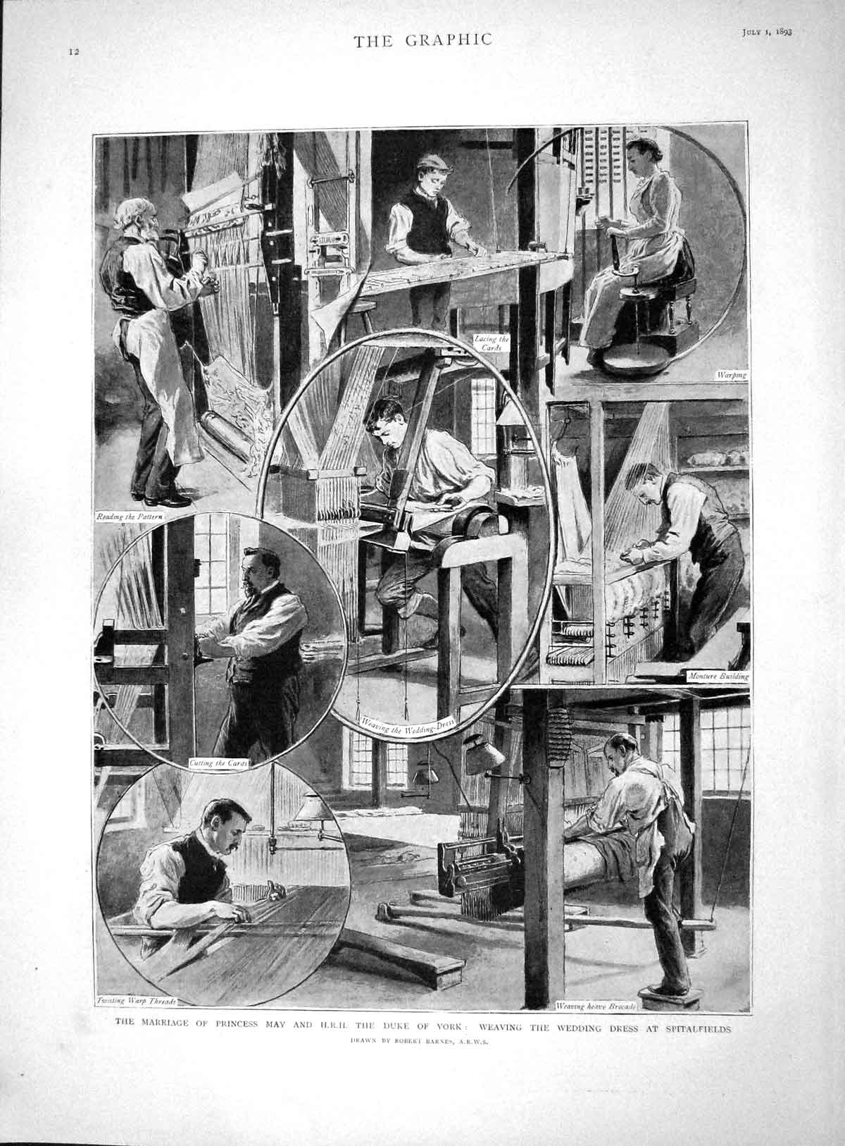 Original Old Antique Print 1893 Princess May Duke York Weaving Weddin Victorian