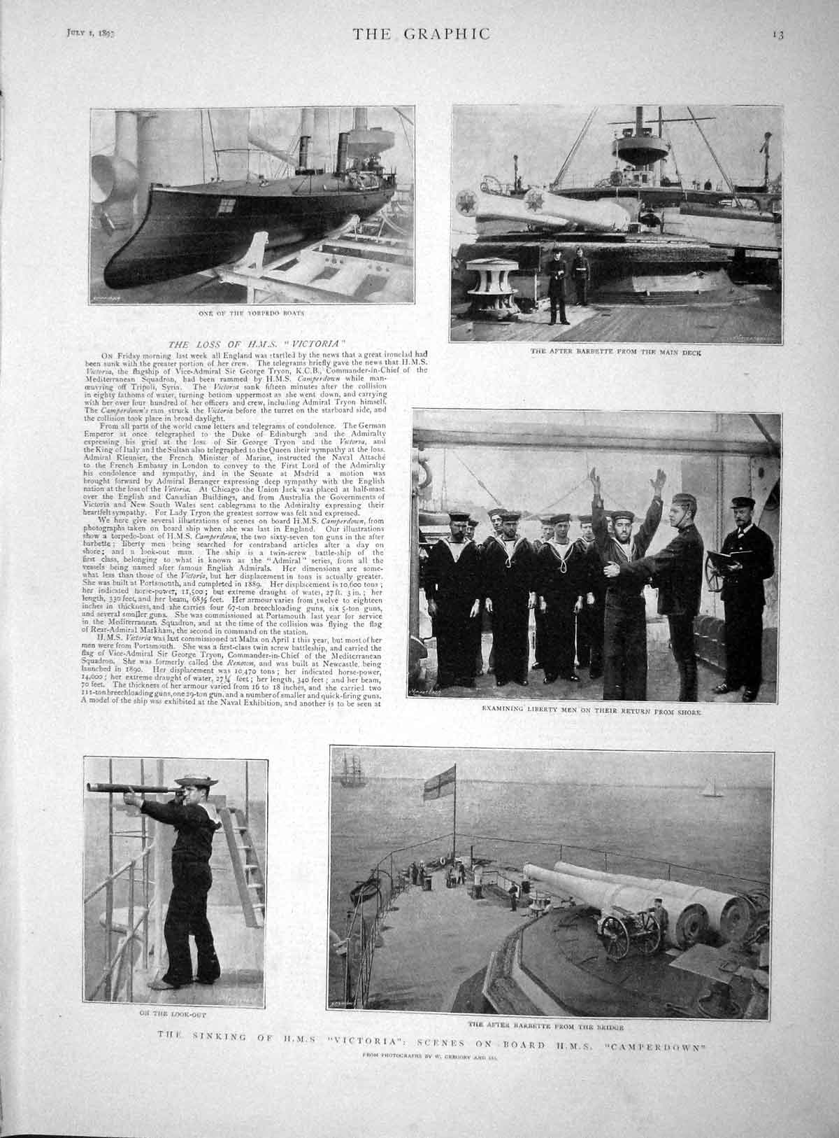 Original Old Antique Print 1893 Sinking Ship Victoria Camperdown Torpedo Boats