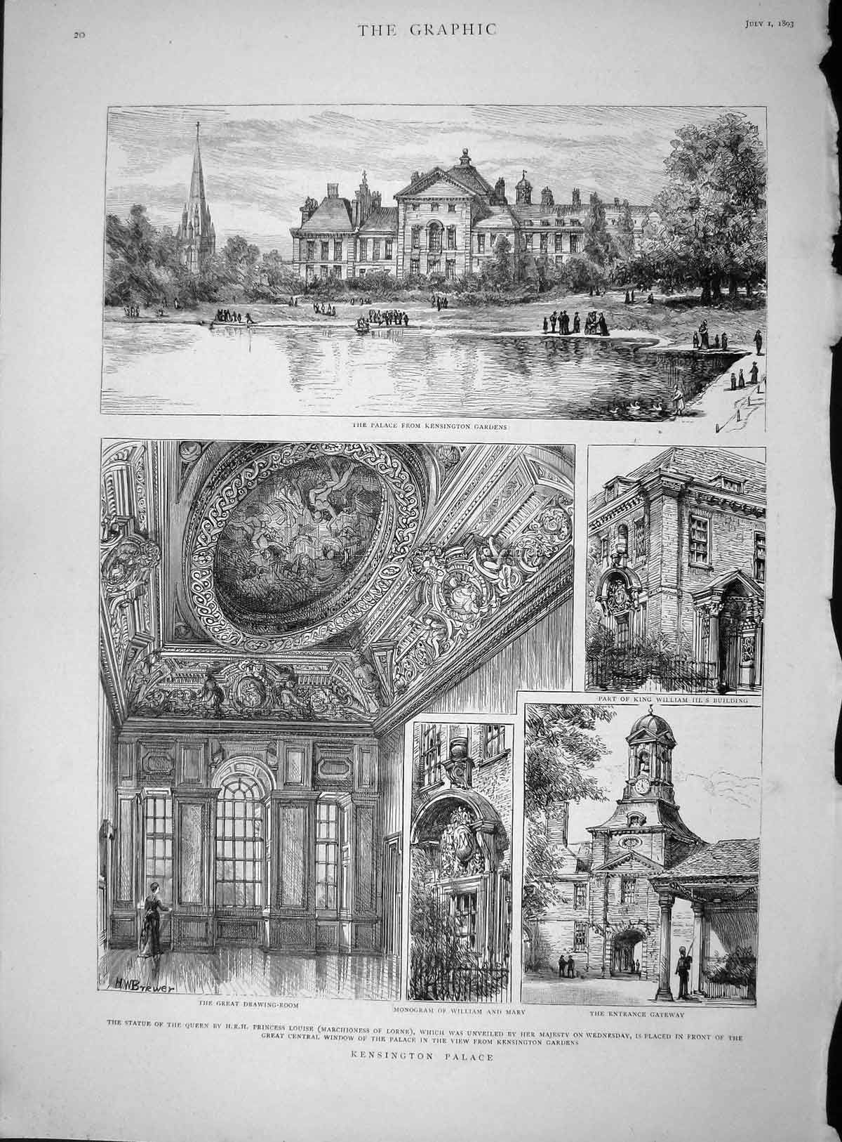 Original Old Antique Print 1893 Kensington Palace William Mary Princess Louise