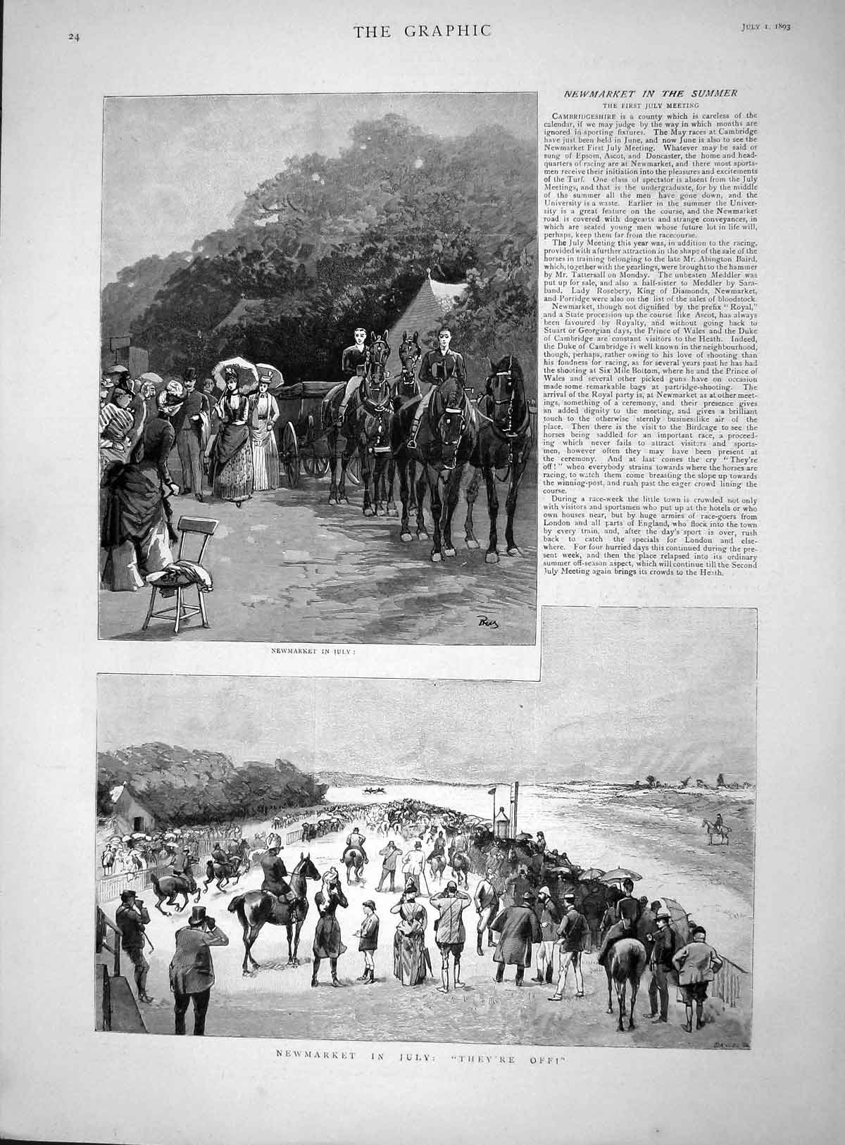 Old Antique Print 1893 Newmarket July Horse Racing Saddling Paddock Sport 19th