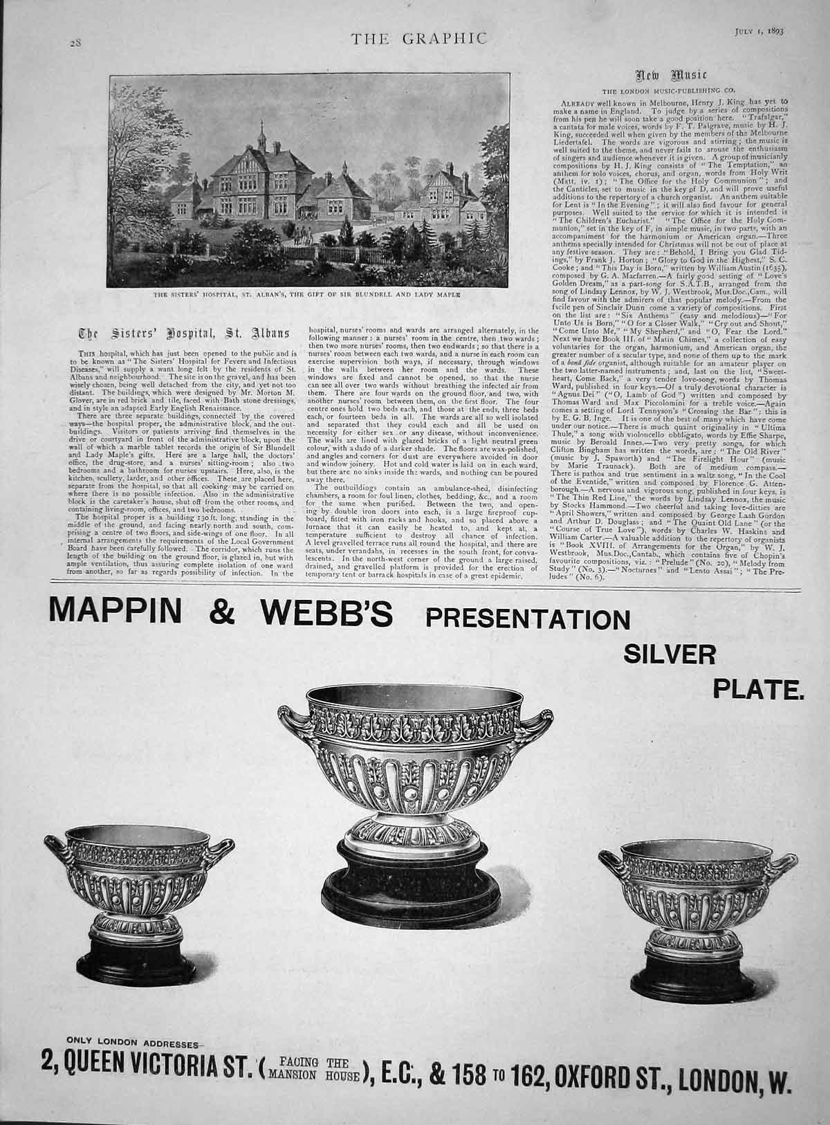Old Antique Print 1893 Sisters Hospital Albans Blundell Maple Mappin Webb 19th