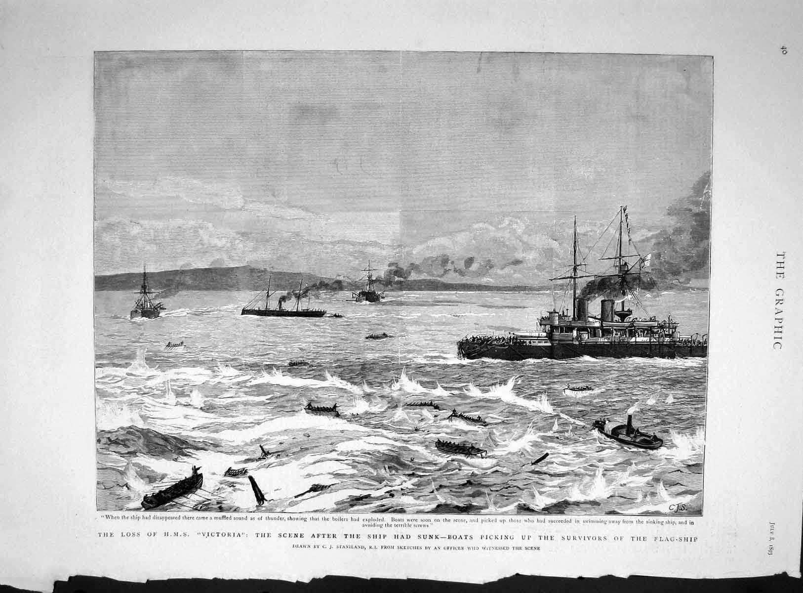 Old Antique Print 1893 Ship Wreck H.M.S. Victoria Rescue Boats Staniland 19th